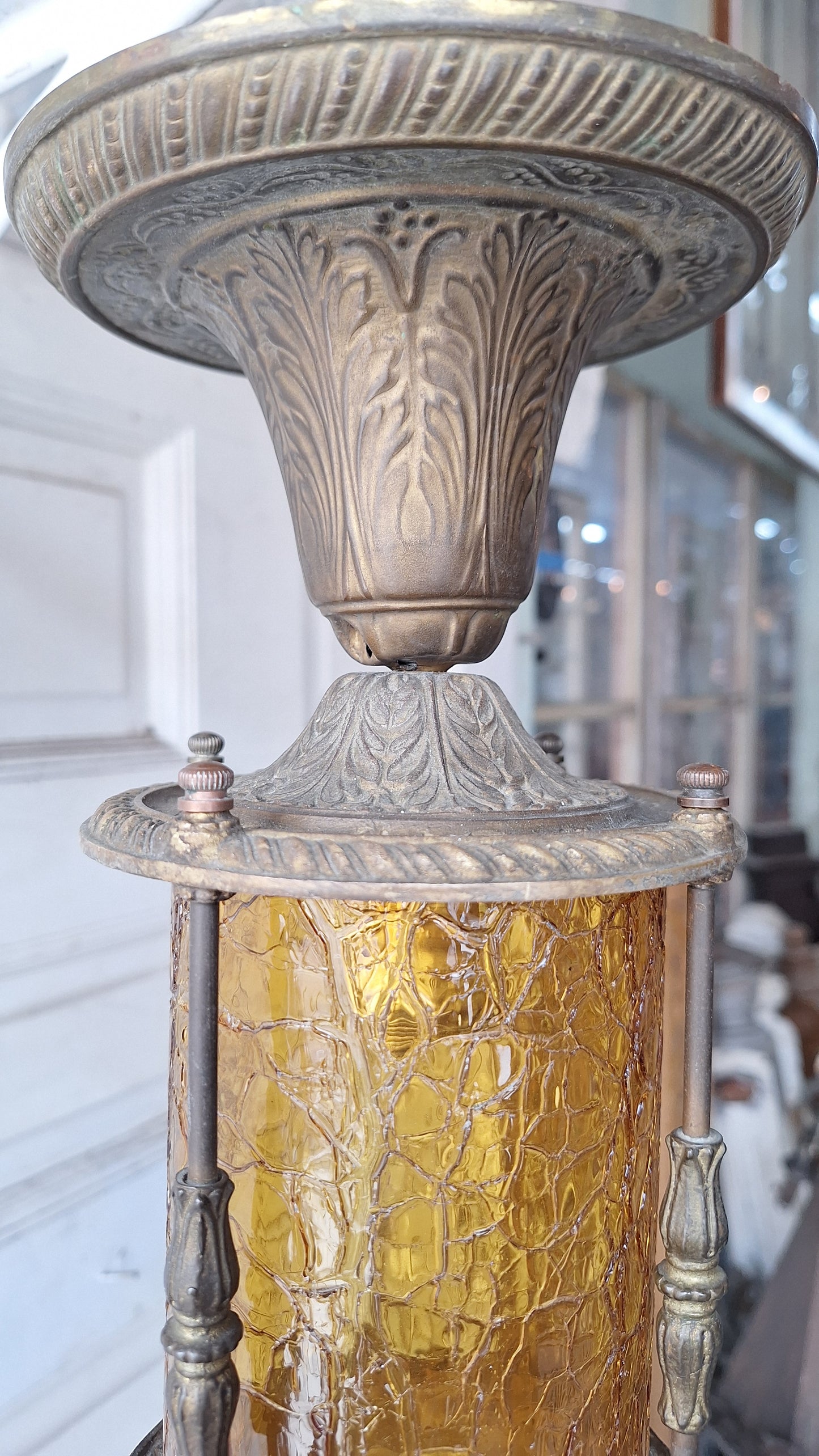 Ornate Flush Mount Lantern: Gold Finish Antique Light with Crackle Glass