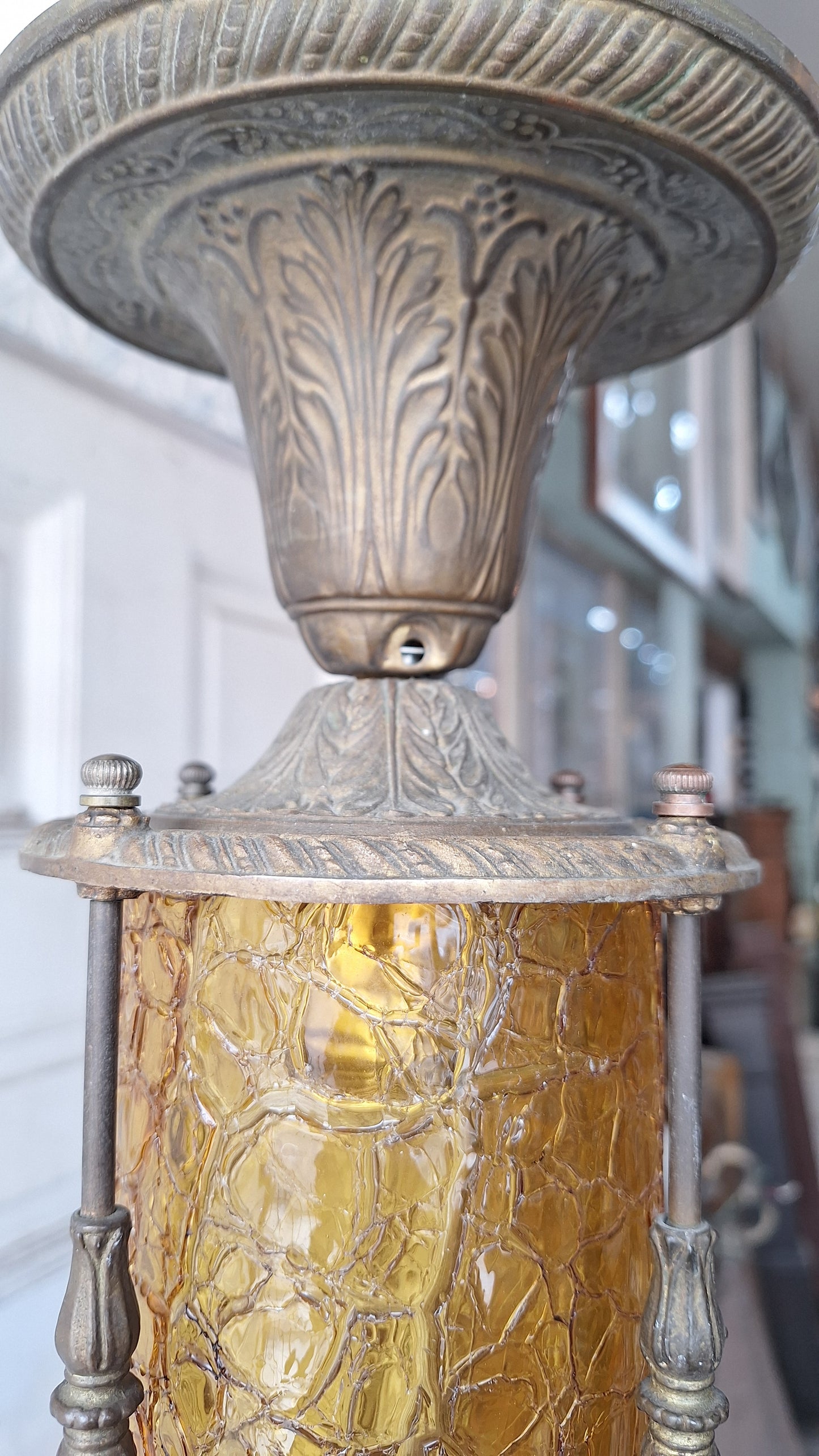 Ornate Flush Mount Lantern: Gold Finish Antique Light with Crackle Glass