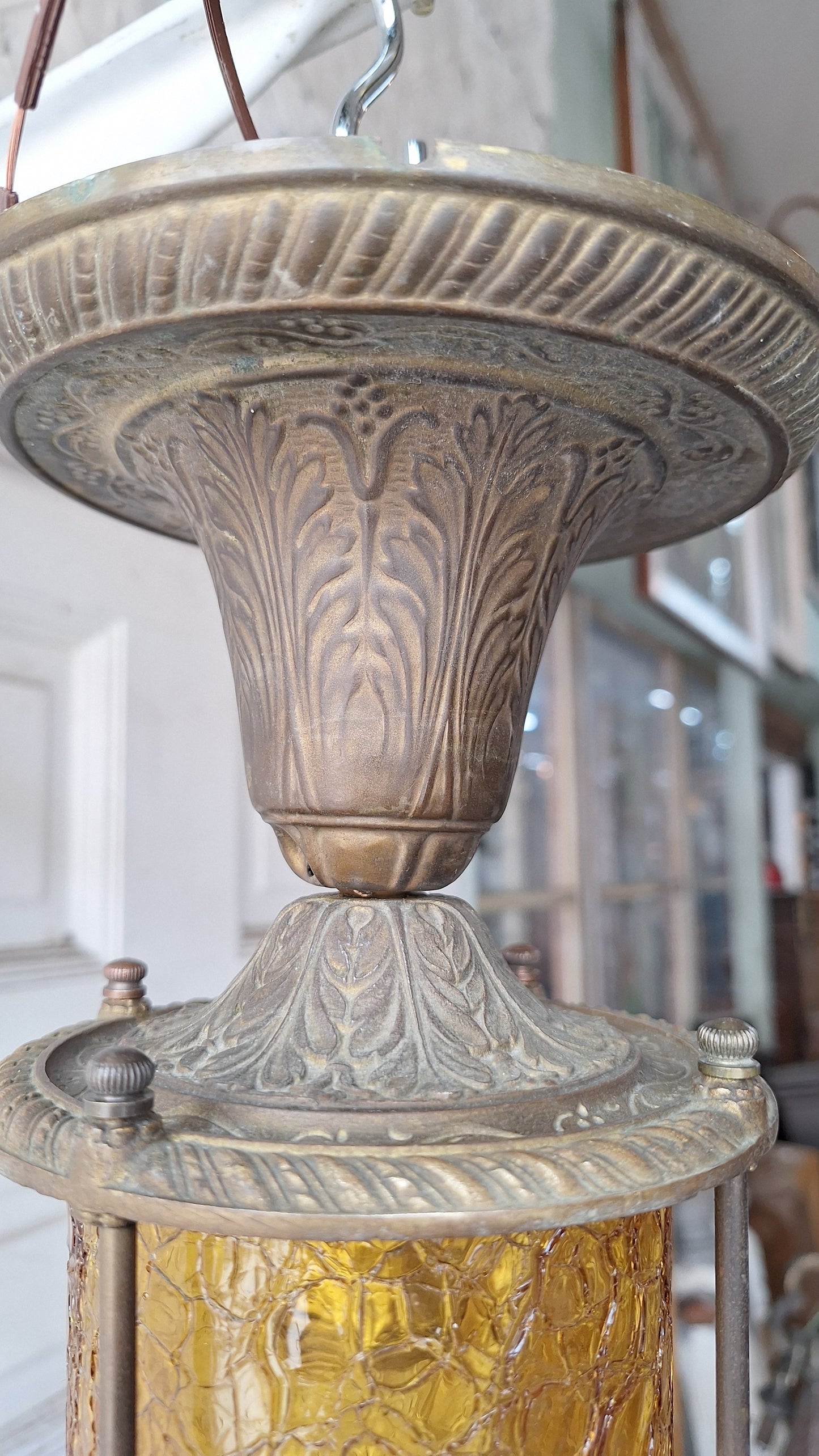 Ornate Flush Mount Lantern: Gold Finish Antique Light with Crackle Glass