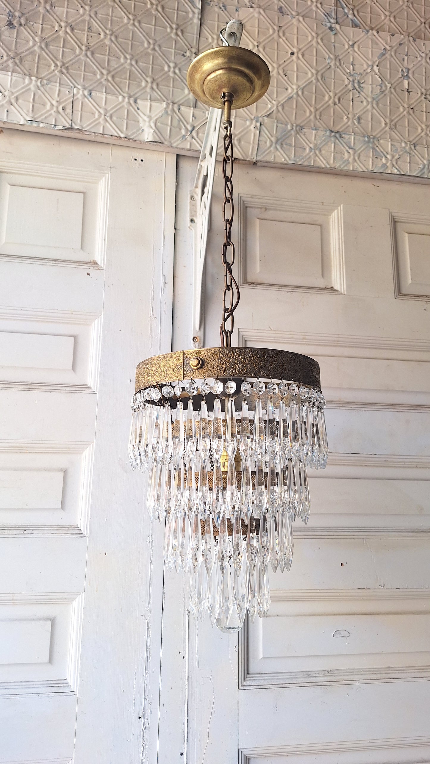 Vintage Brass Crystal Chandelier, Wedding Cake Light, Empire Style Cut Glass