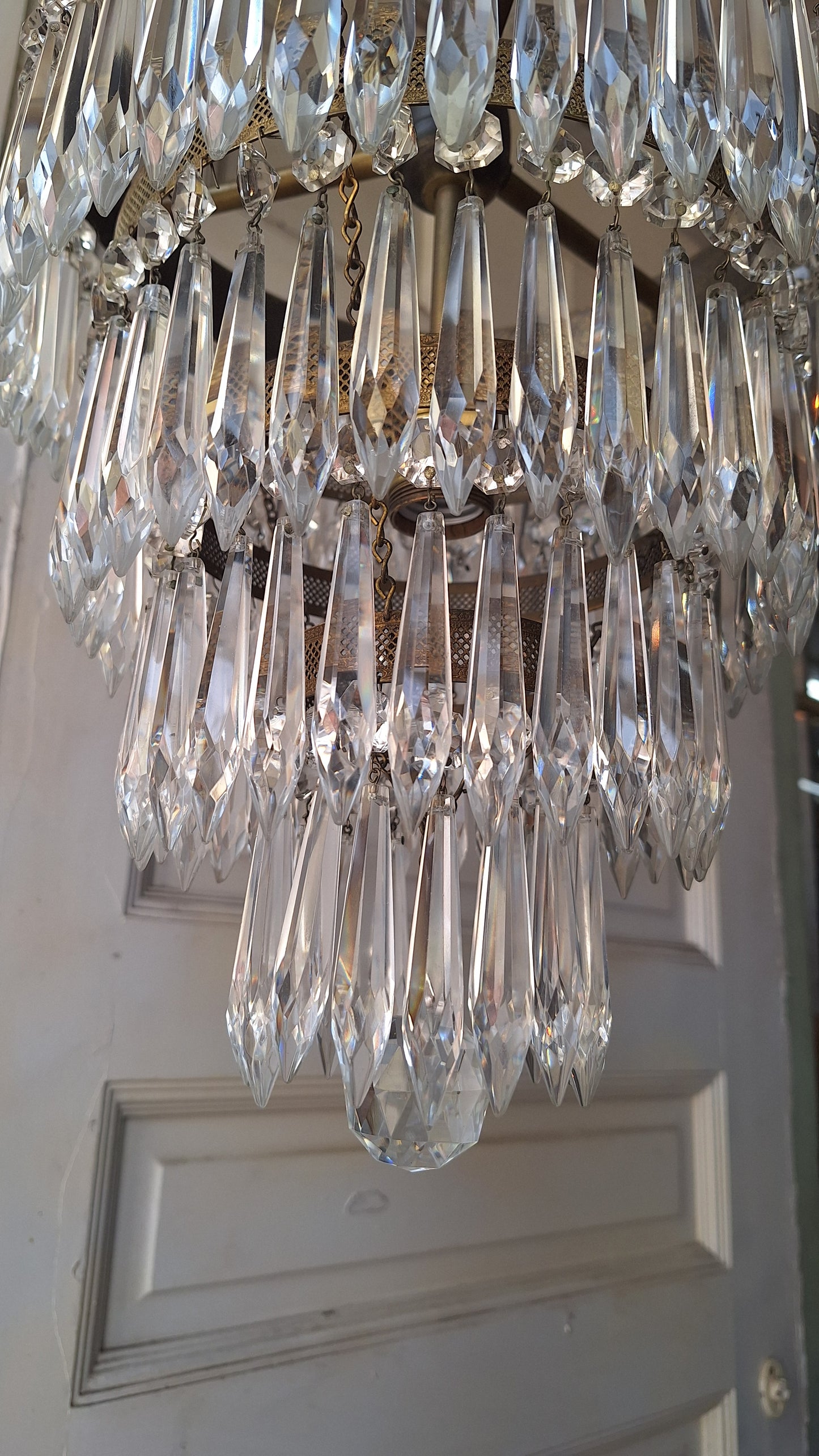 Vintage Brass Crystal Chandelier, Wedding Cake Light, Empire Style Cut Glass