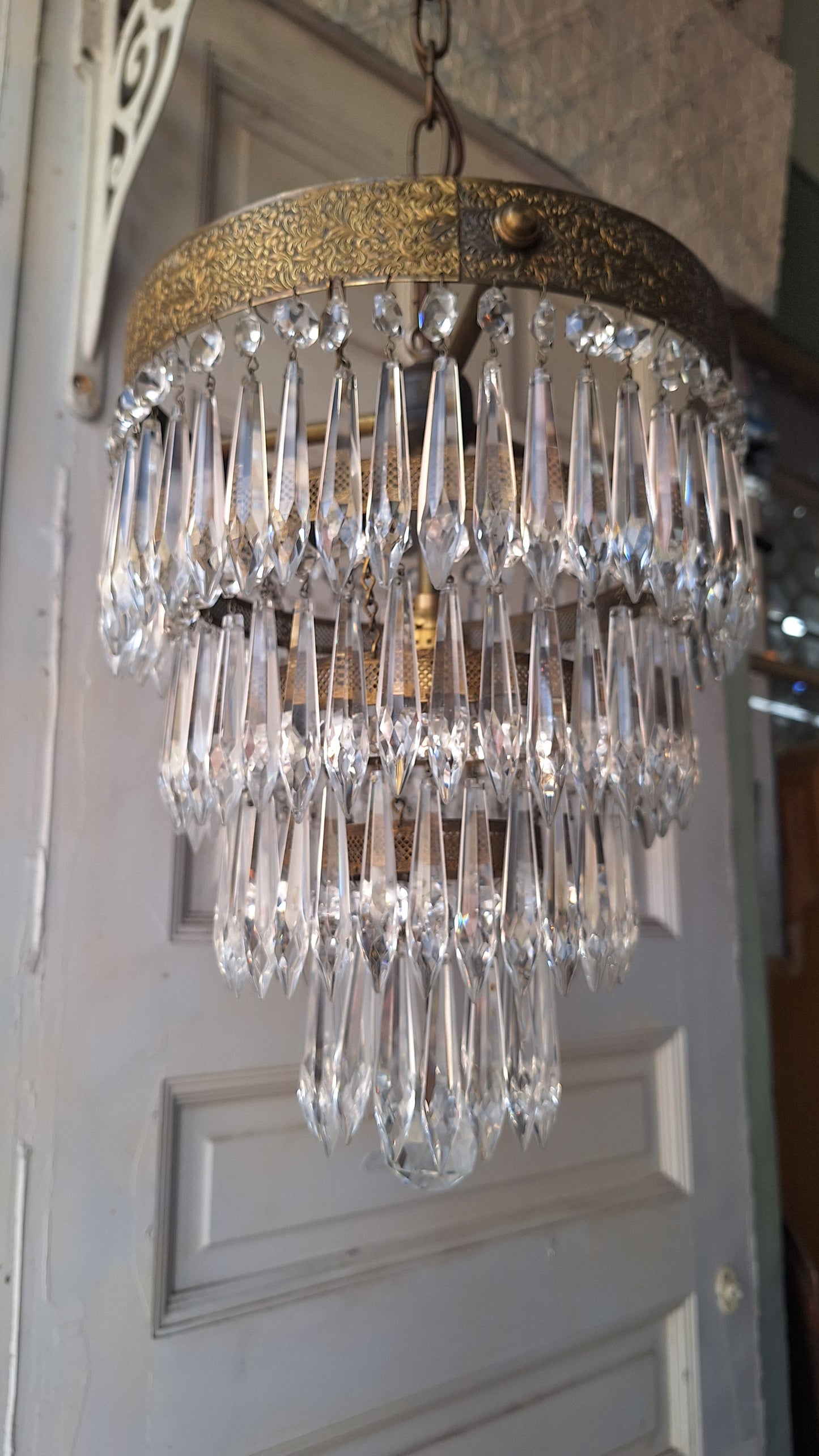 Vintage Brass Crystal Chandelier, Wedding Cake Light, Empire Style Cut Glass