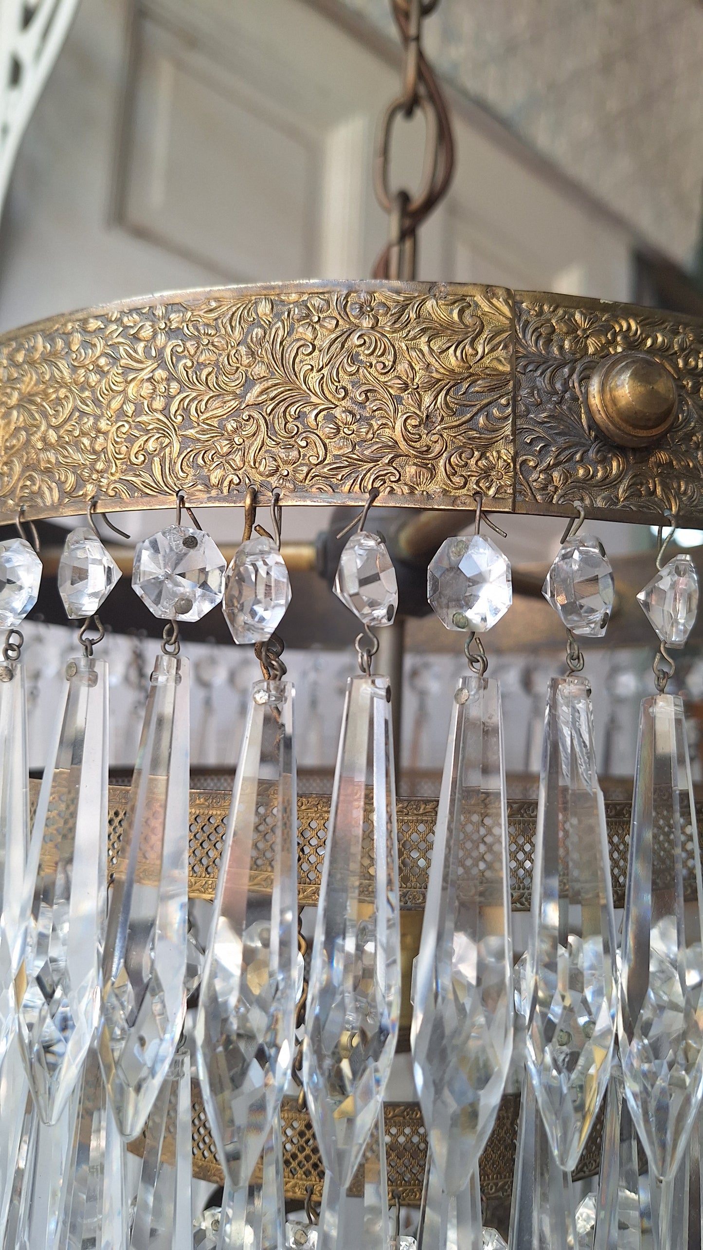 Vintage Brass Crystal Chandelier, Wedding Cake Light, Empire Style Cut Glass