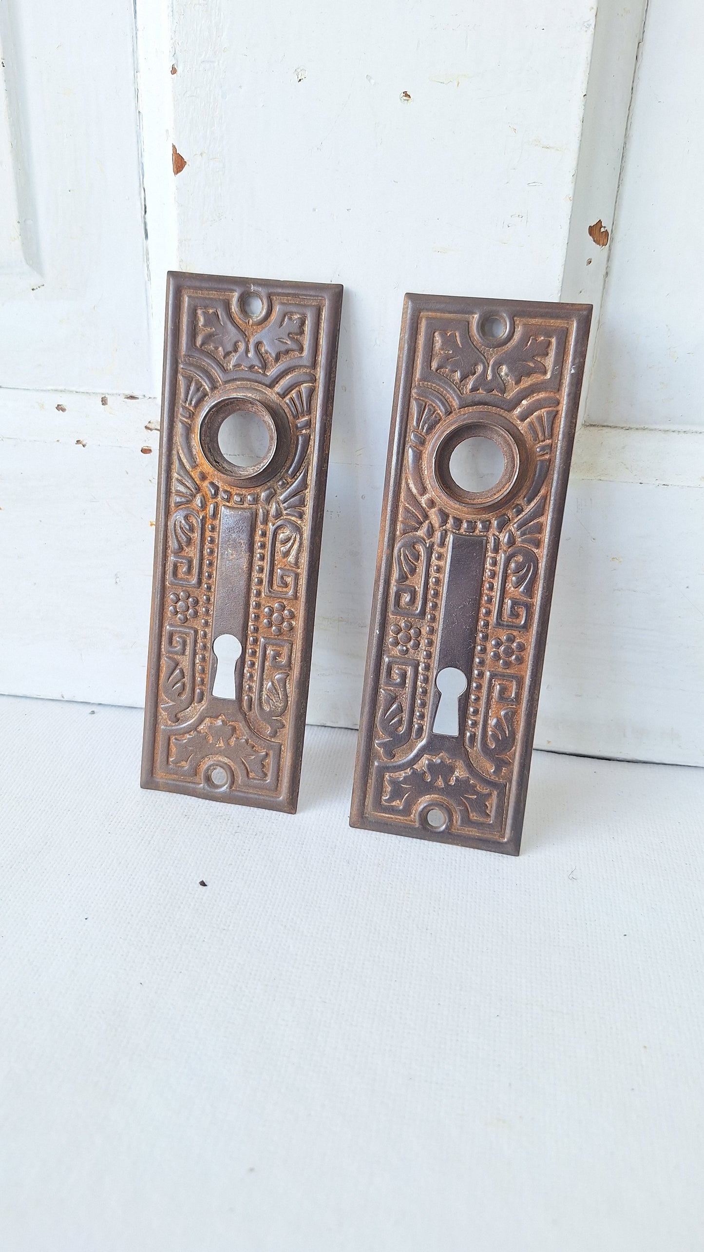 Embossed Antique Steel Backplates with Fancy Design, Ornate Door Knob Back Plates
