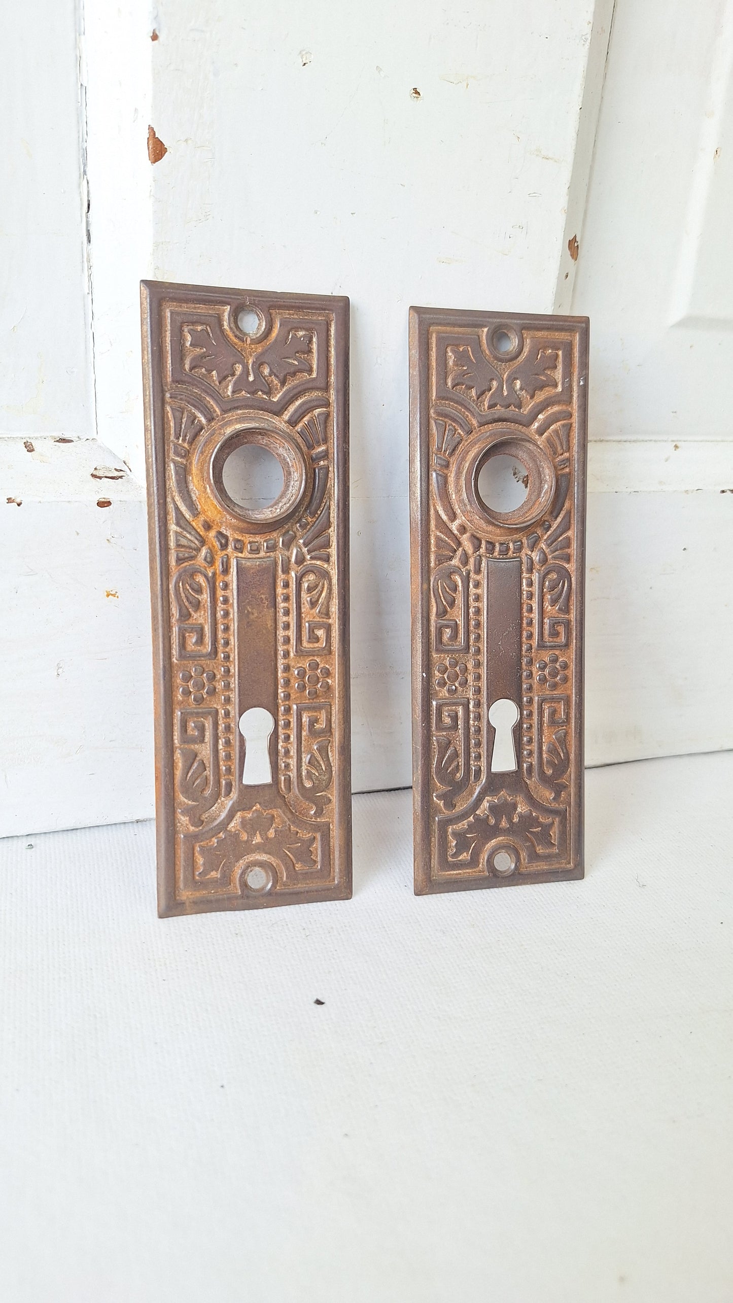 Embossed Antique Steel Backplates with Fancy Design, Ornate Door Knob Back Plates