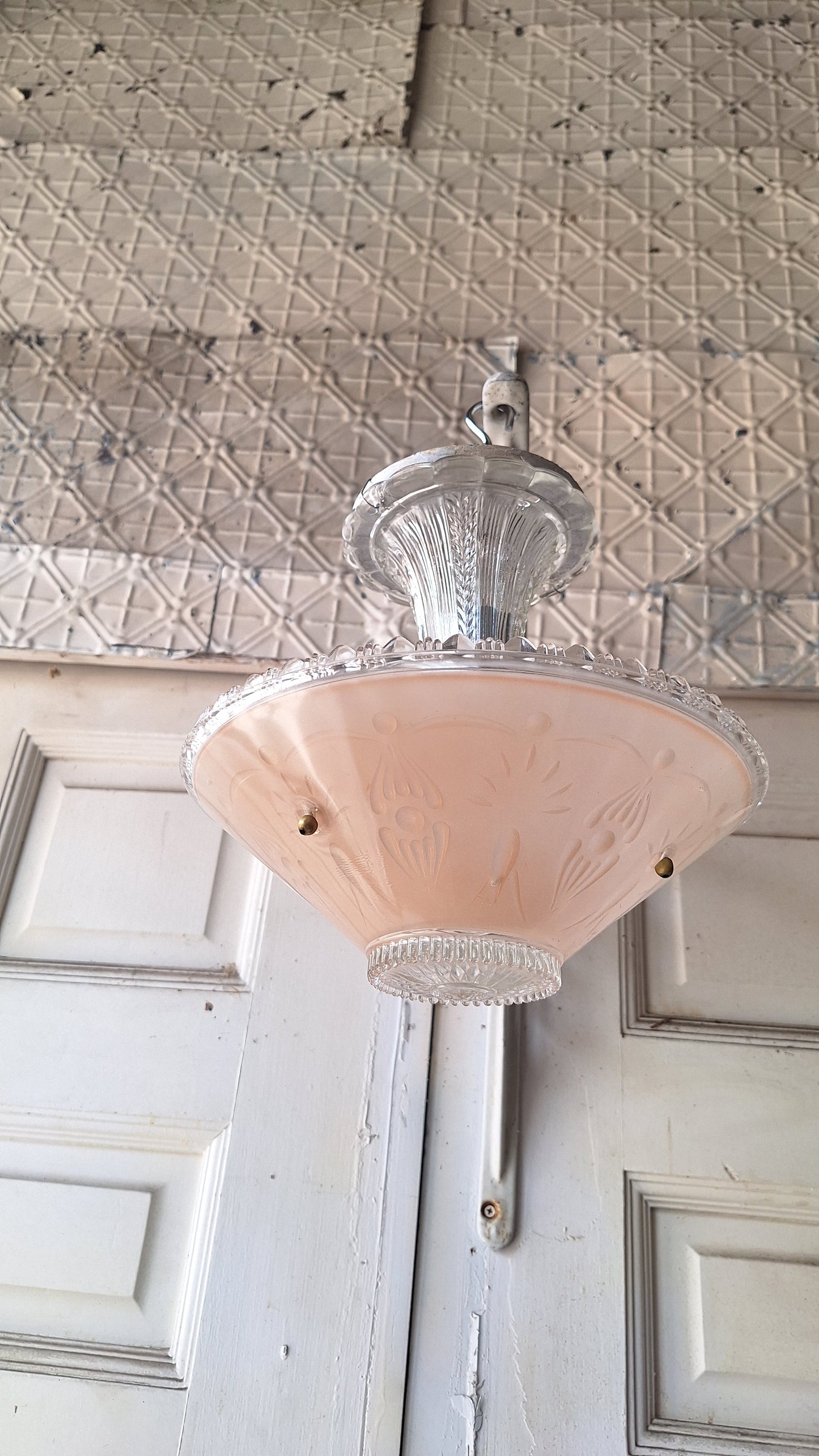 Vintage Glass Bowl Light: Deco Pink Three-Chain Semi-Flush Mount