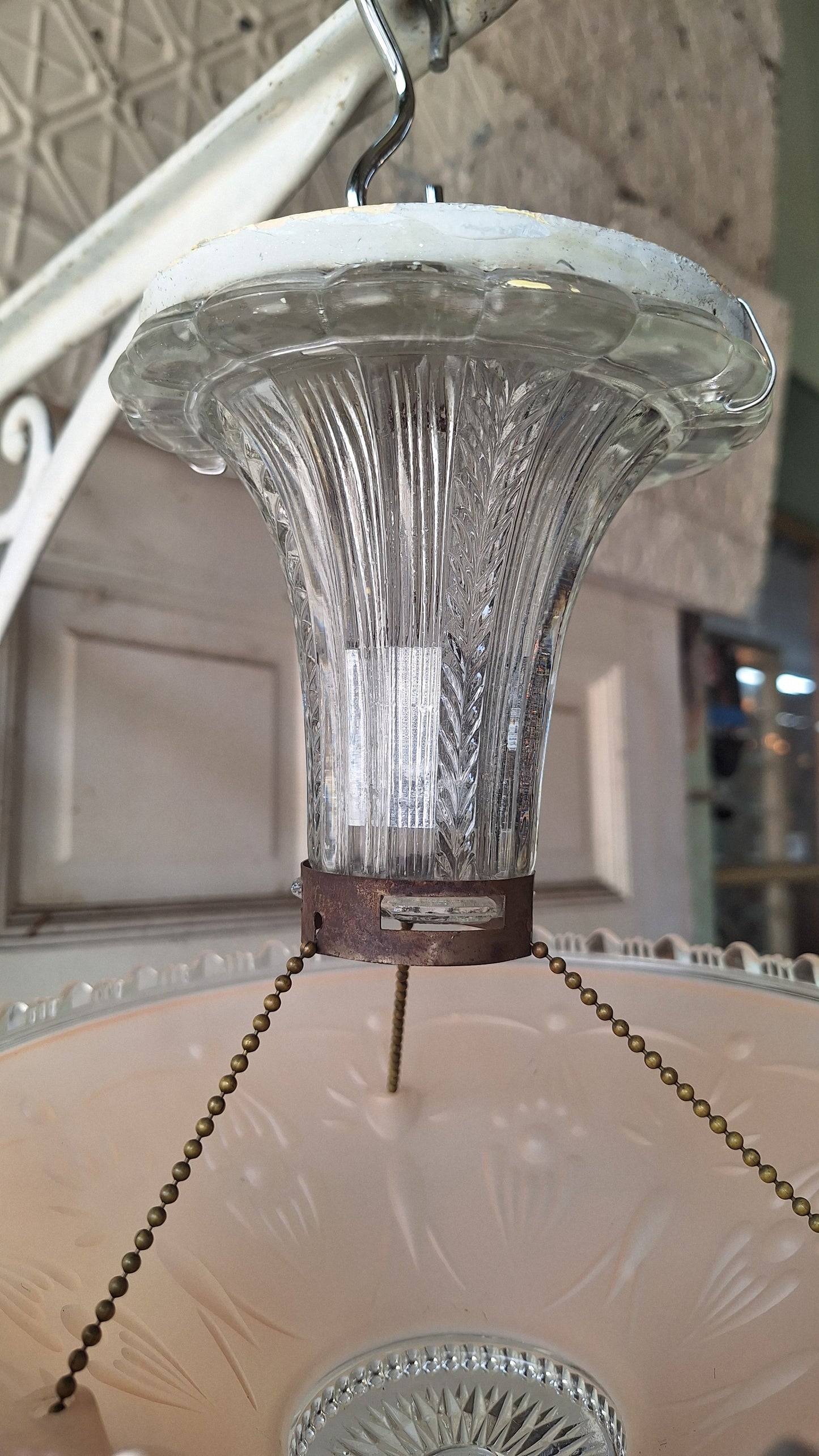 Vintage Glass Bowl Light: Deco Pink Three-Chain Semi-Flush Mount