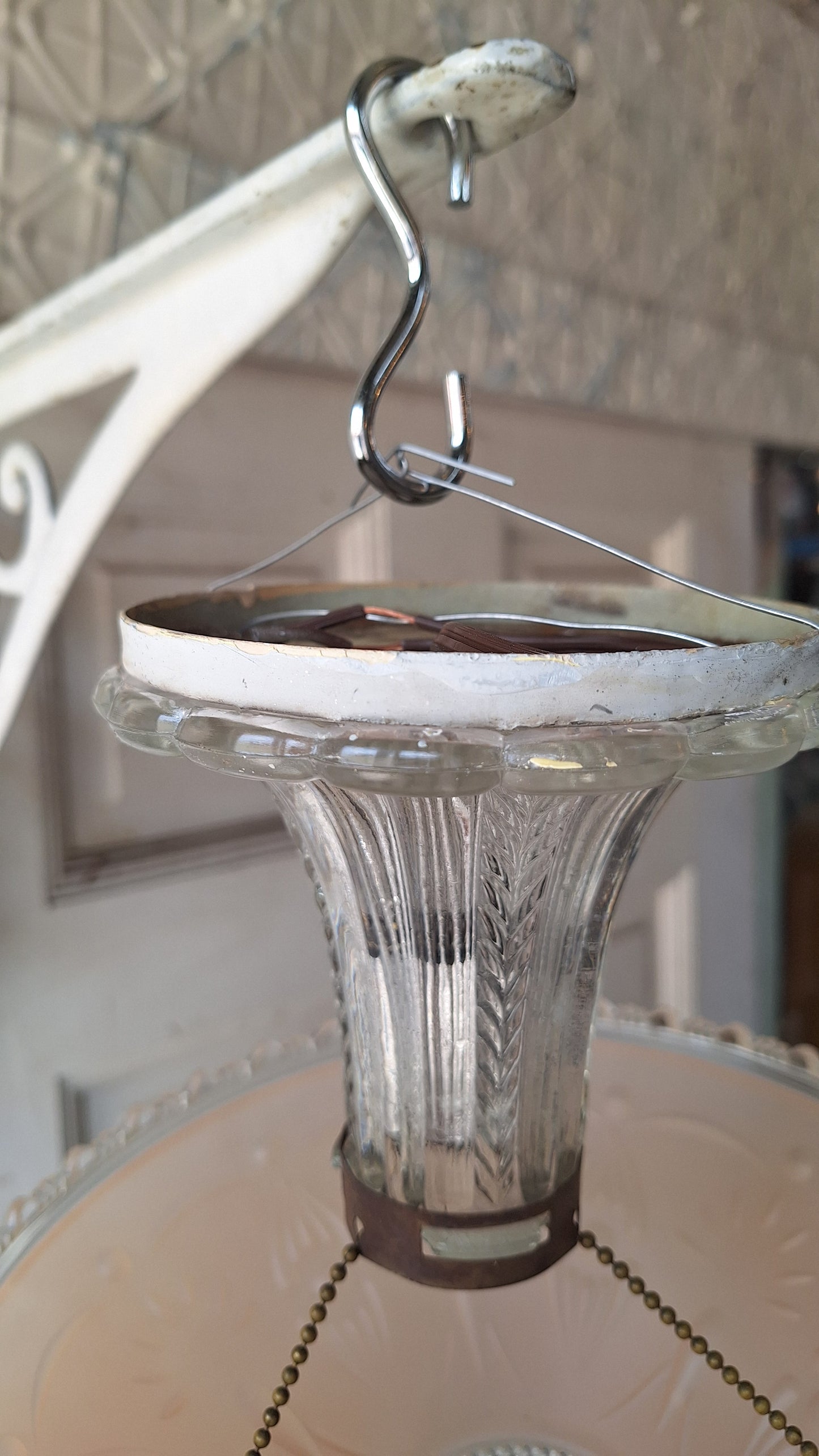 Vintage Glass Bowl Light: Deco Pink Three-Chain Semi-Flush Mount