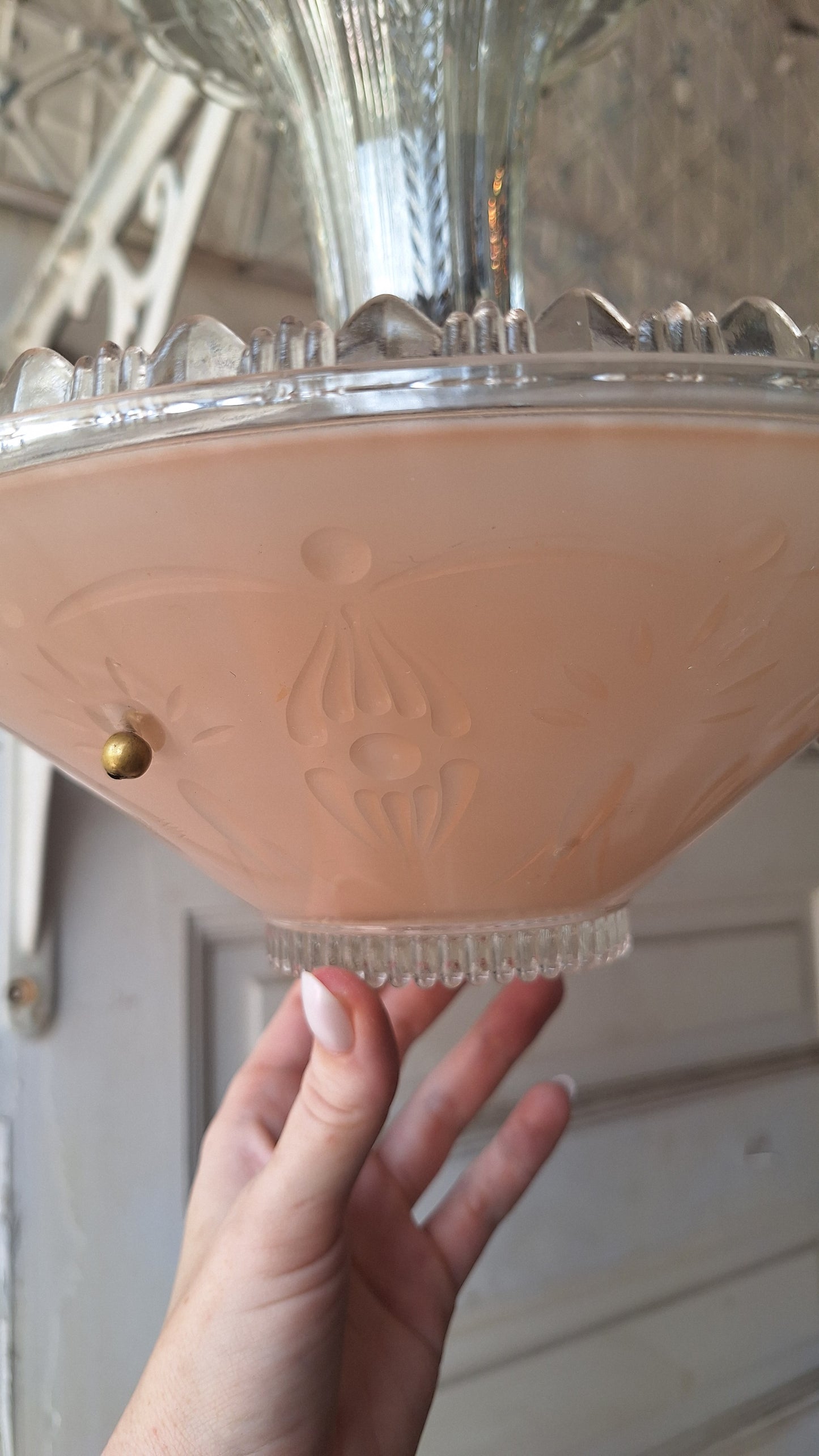 Vintage Glass Bowl Light: Deco Pink Three-Chain Semi-Flush Mount