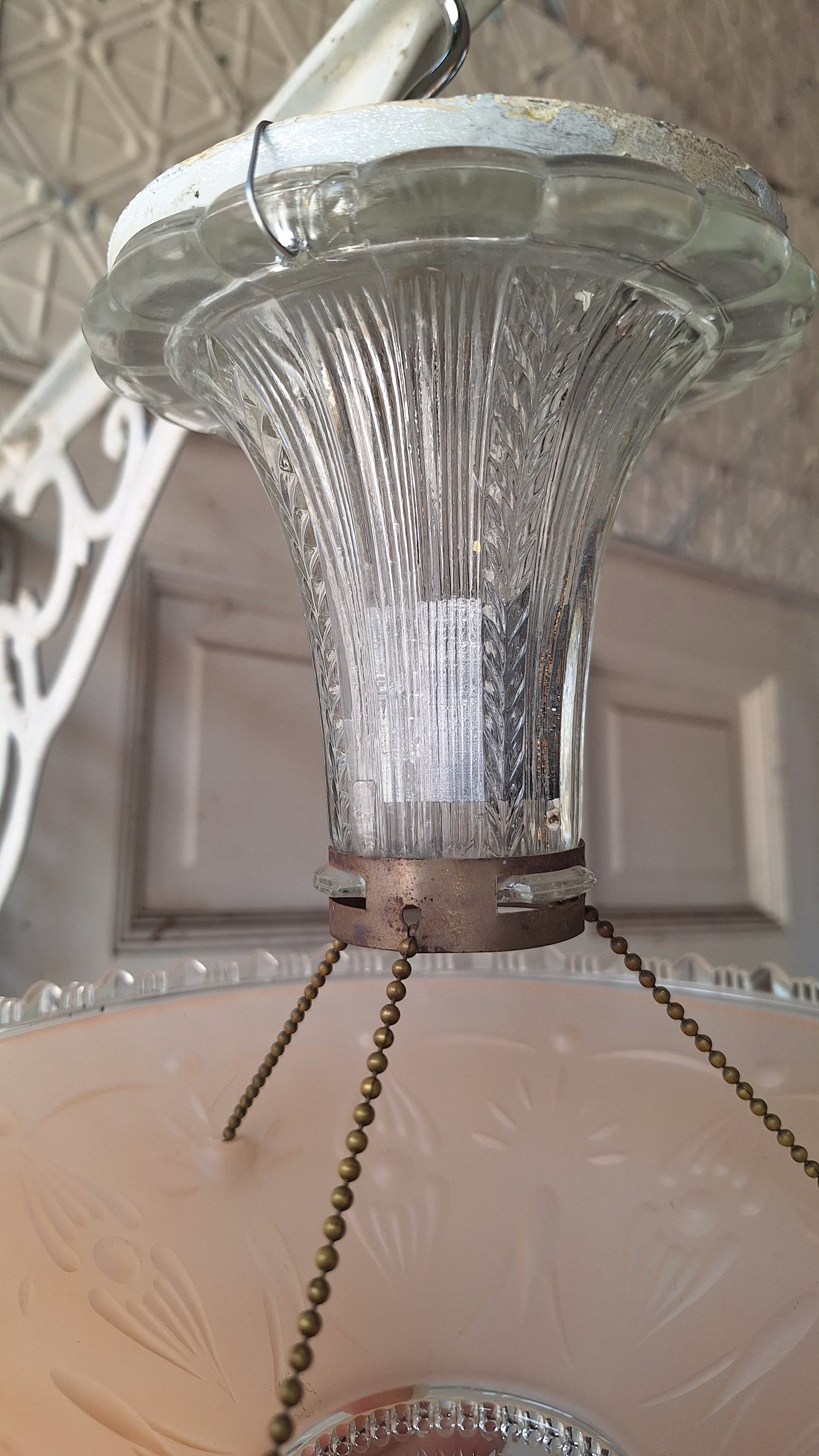 Vintage Glass Bowl Light: Deco Pink Three-Chain Semi-Flush Mount