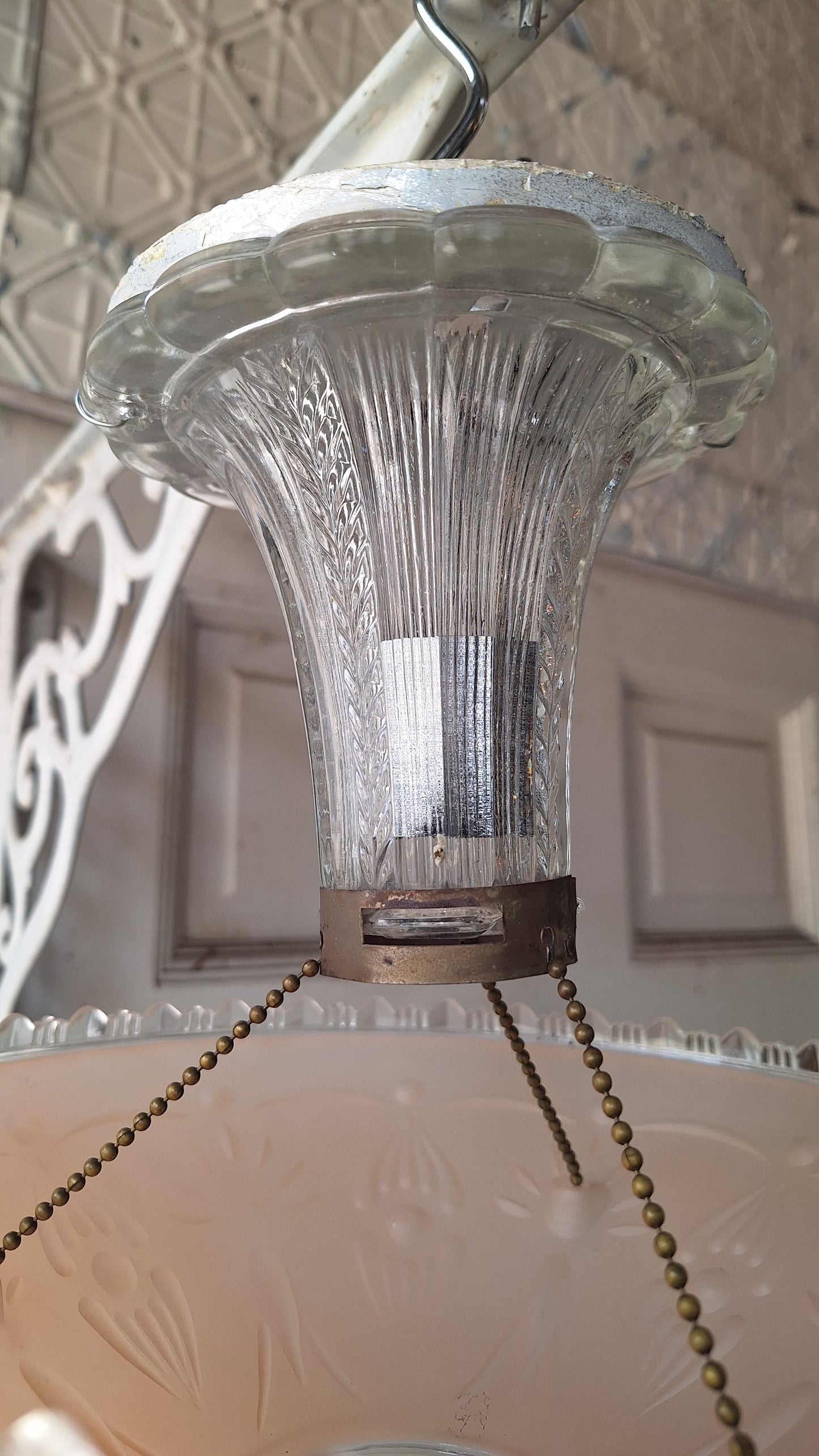 Vintage Glass Bowl Light: Deco Pink Three-Chain Semi-Flush Mount