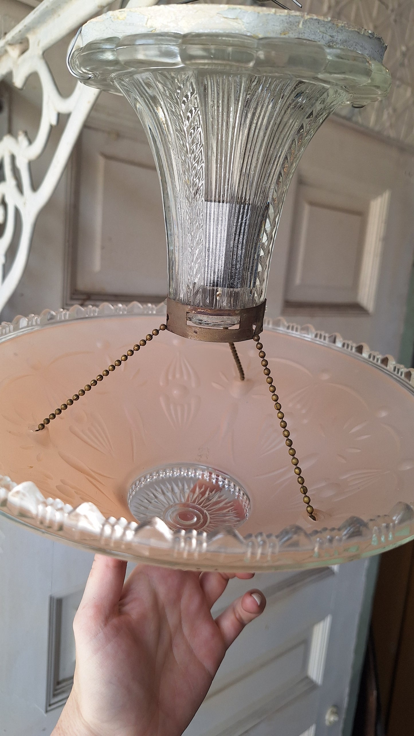 Vintage Glass Bowl Light: Deco Pink Three-Chain Semi-Flush Mount