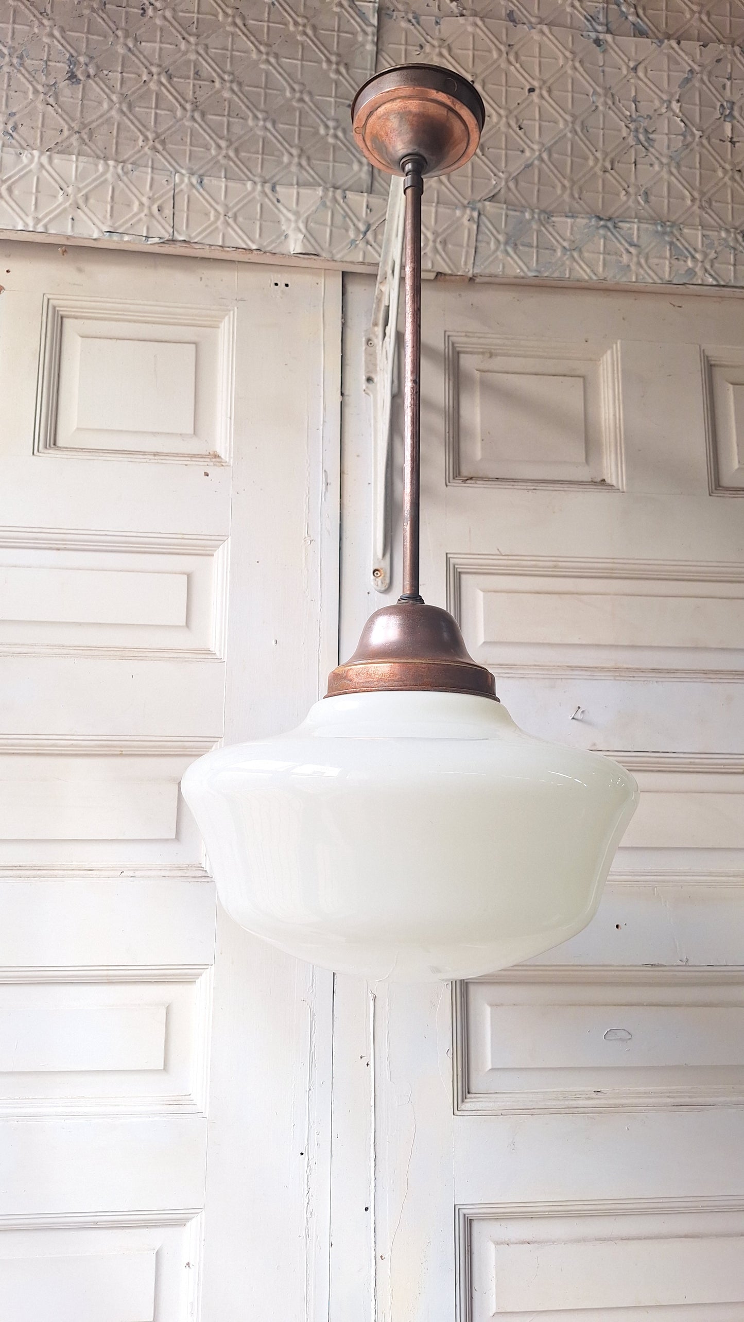 Vintage Pendant Light, White Glass Globe, Copper Color Schoolhouse Style