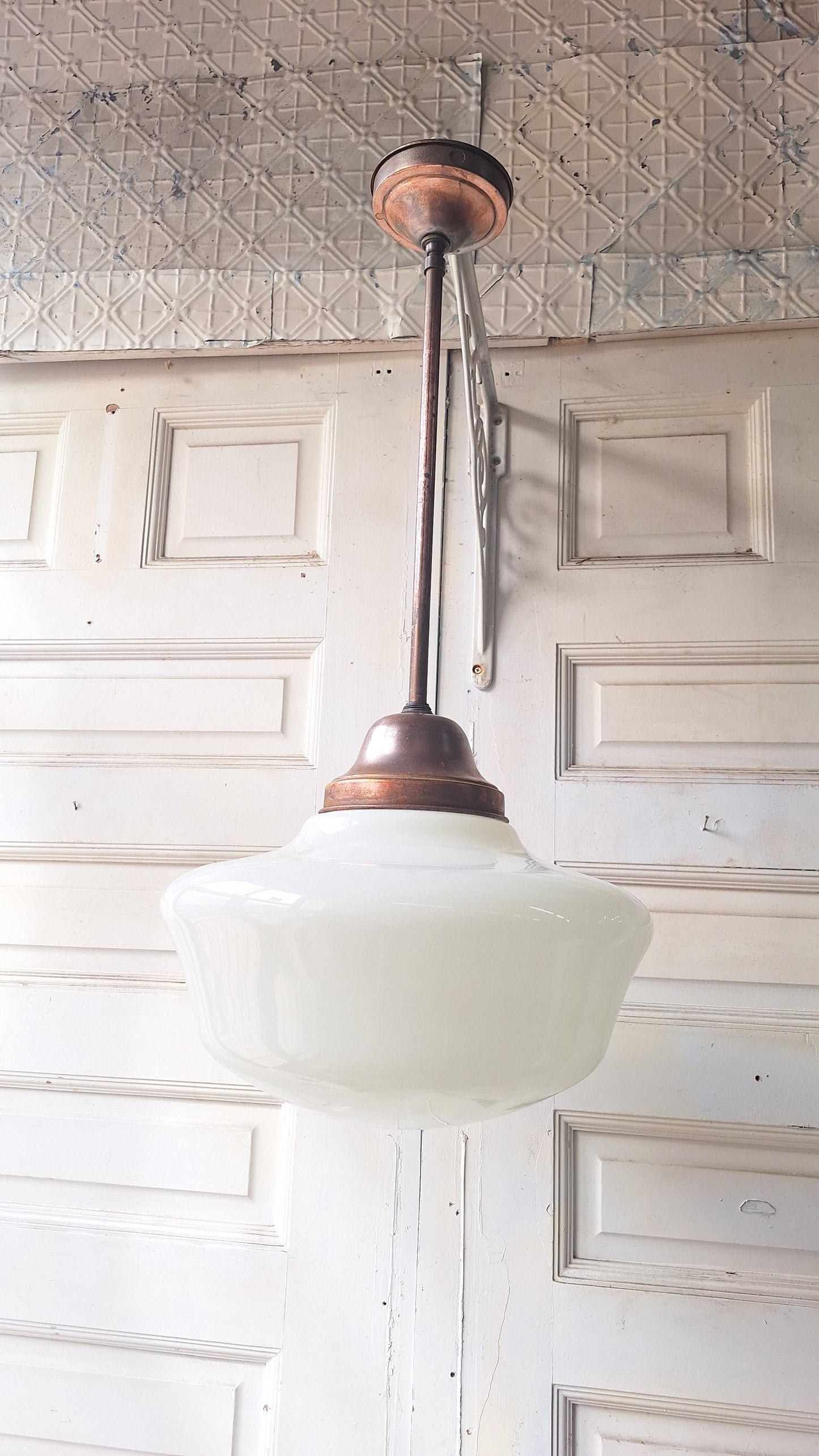 Vintage Pendant Light, White Glass Globe, Copper Color Schoolhouse Style