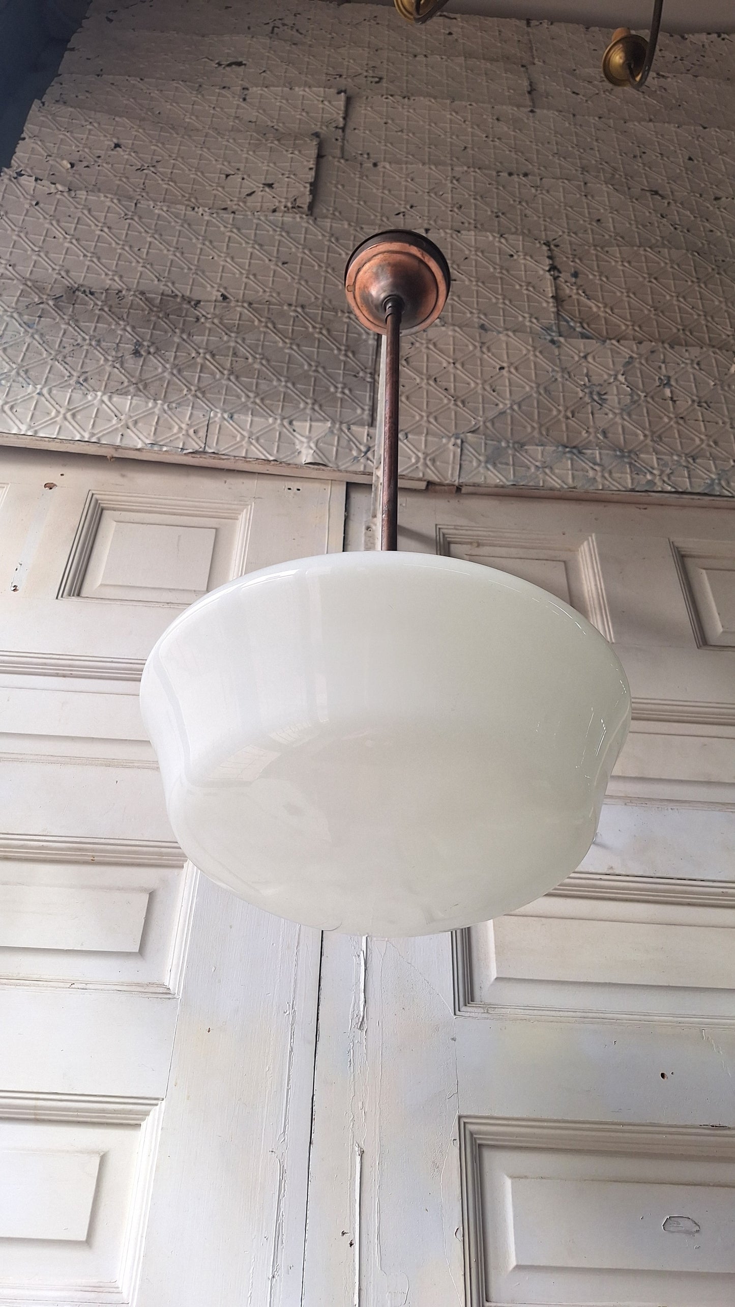 Vintage Pendant Light, White Glass Globe, Copper Color Schoolhouse Style