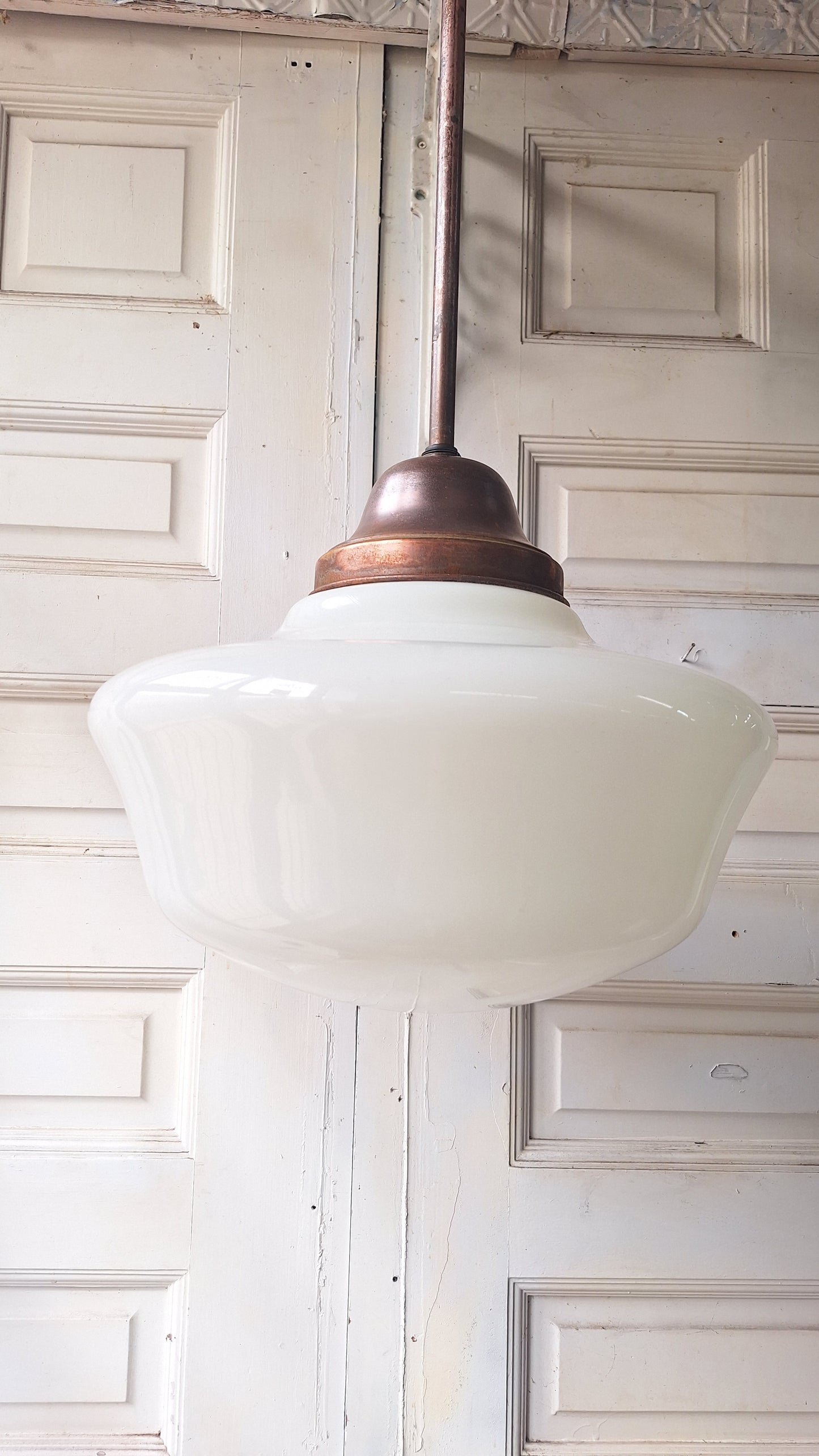 Vintage Pendant Light, White Glass Globe, Copper Color Schoolhouse Style