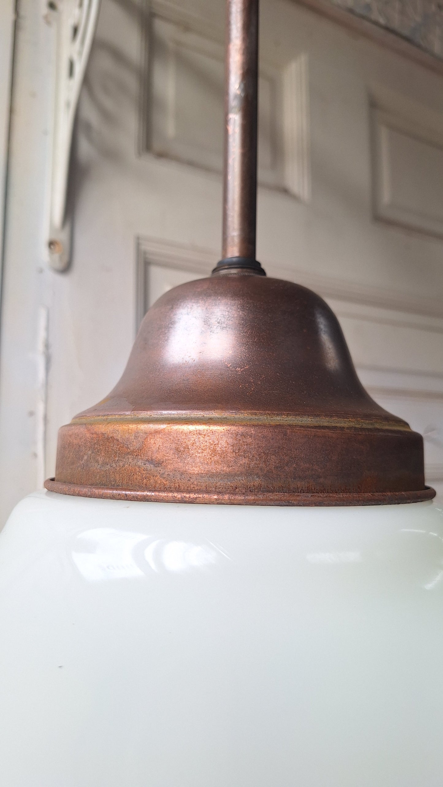 Vintage Pendant Light, White Glass Globe, Copper Color Schoolhouse Style