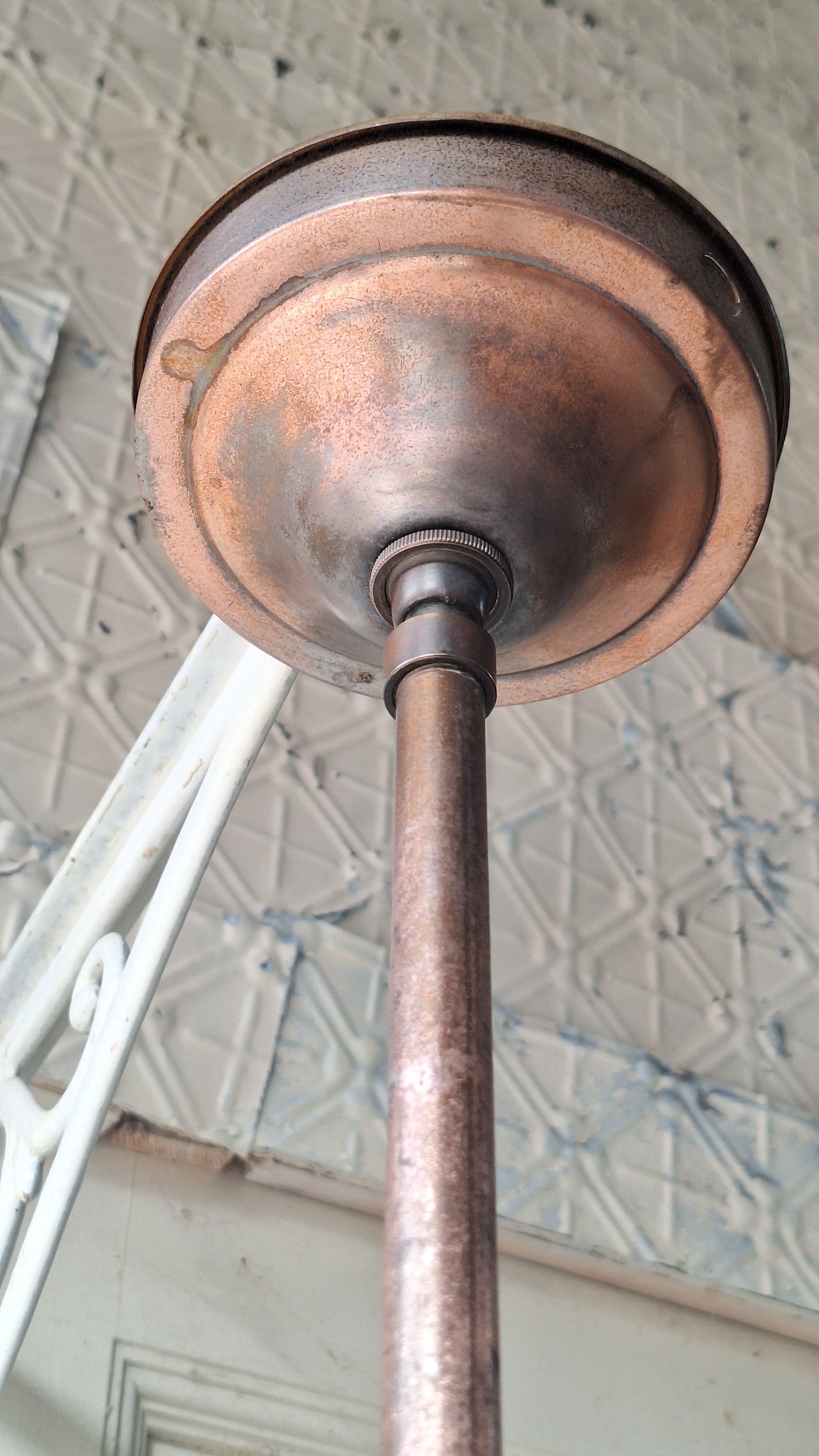 Vintage Pendant Light, White Glass Globe, Copper Color Schoolhouse Style