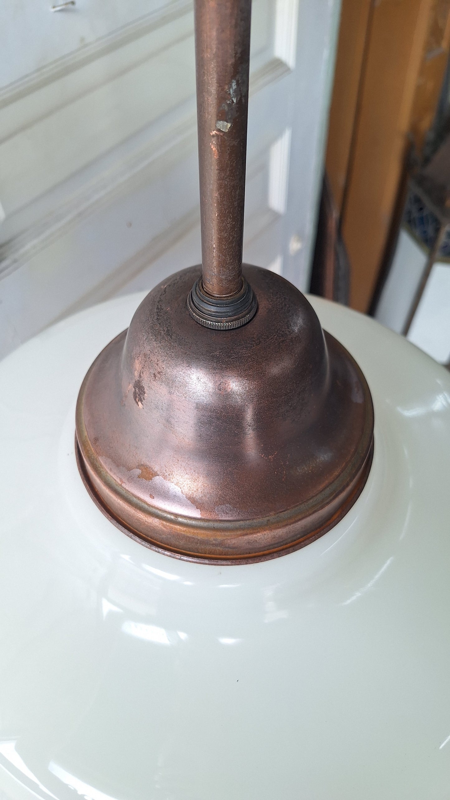 Vintage Pendant Light, White Glass Globe, Copper Color Schoolhouse Style