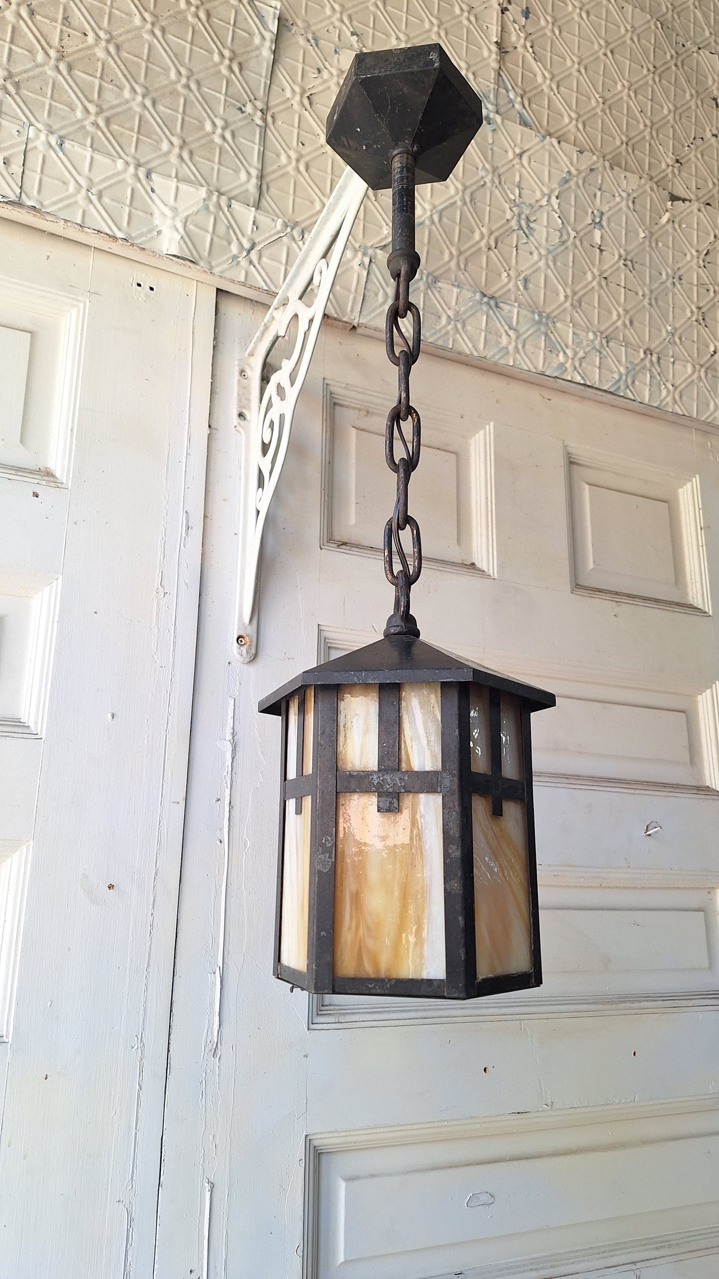 Antique Mission or Craftsman Slag Glass Lantern, Vintage Porch Light Pendant
