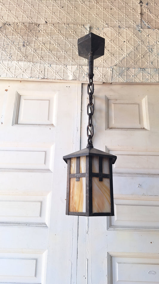 Antique Mission or Craftsman Slag Glass Lantern, Vintage Porch Light Pendant