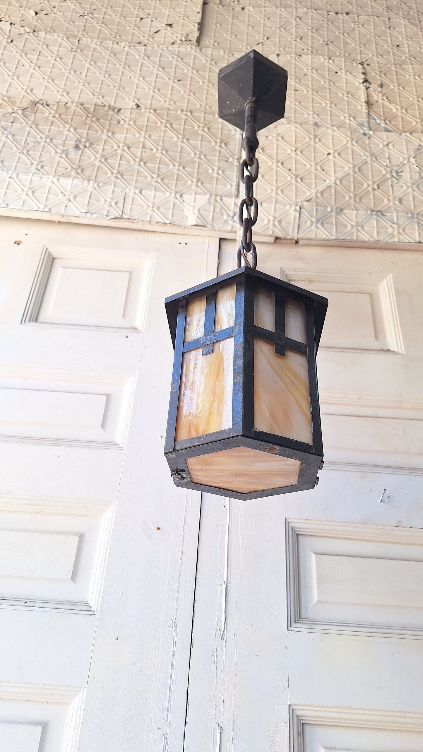 Antique Mission or Craftsman Slag Glass Lantern, Vintage Porch Light Pendant