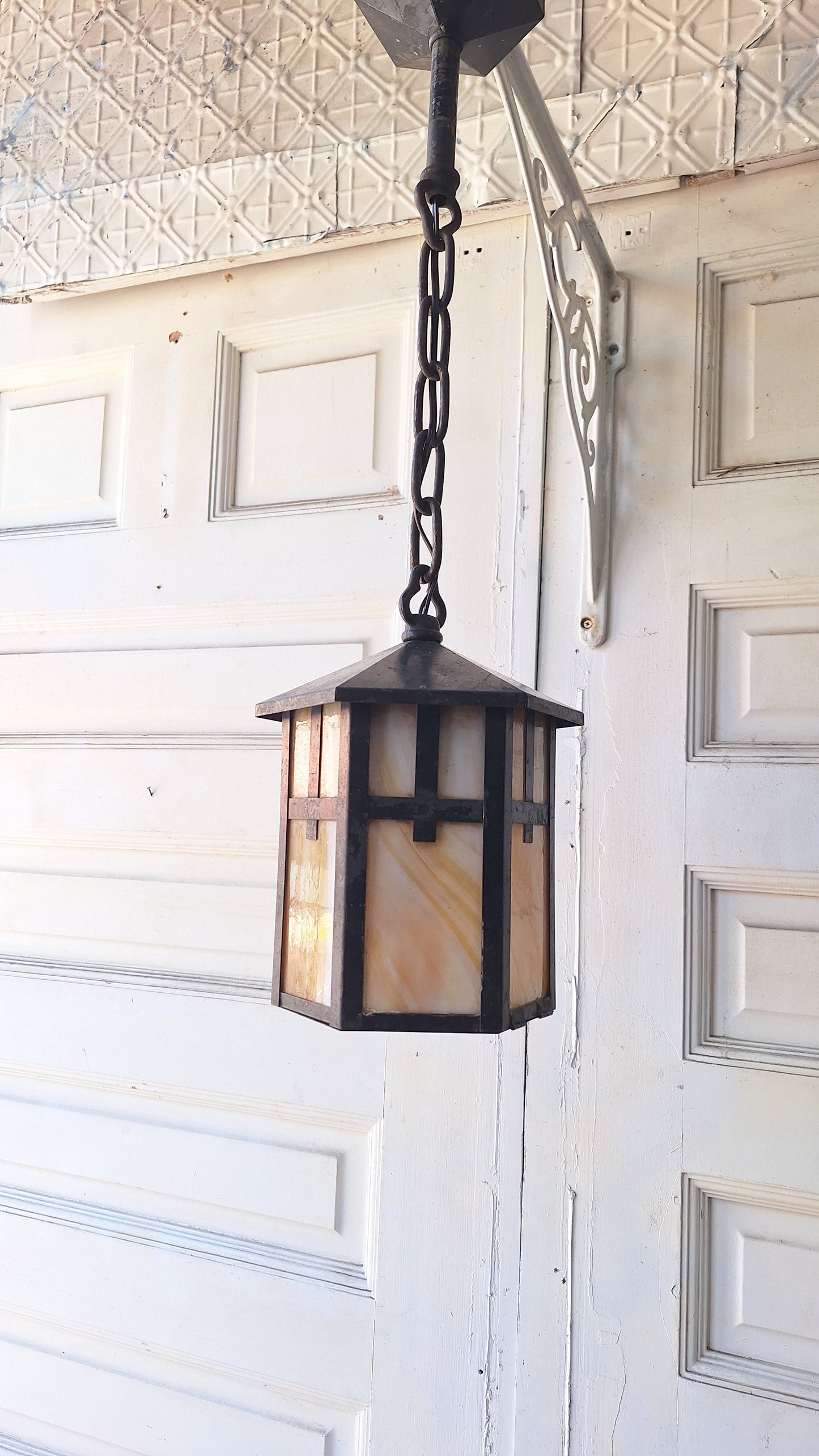 Antique Mission or Craftsman Slag Glass Lantern, Vintage Porch Light Pendant