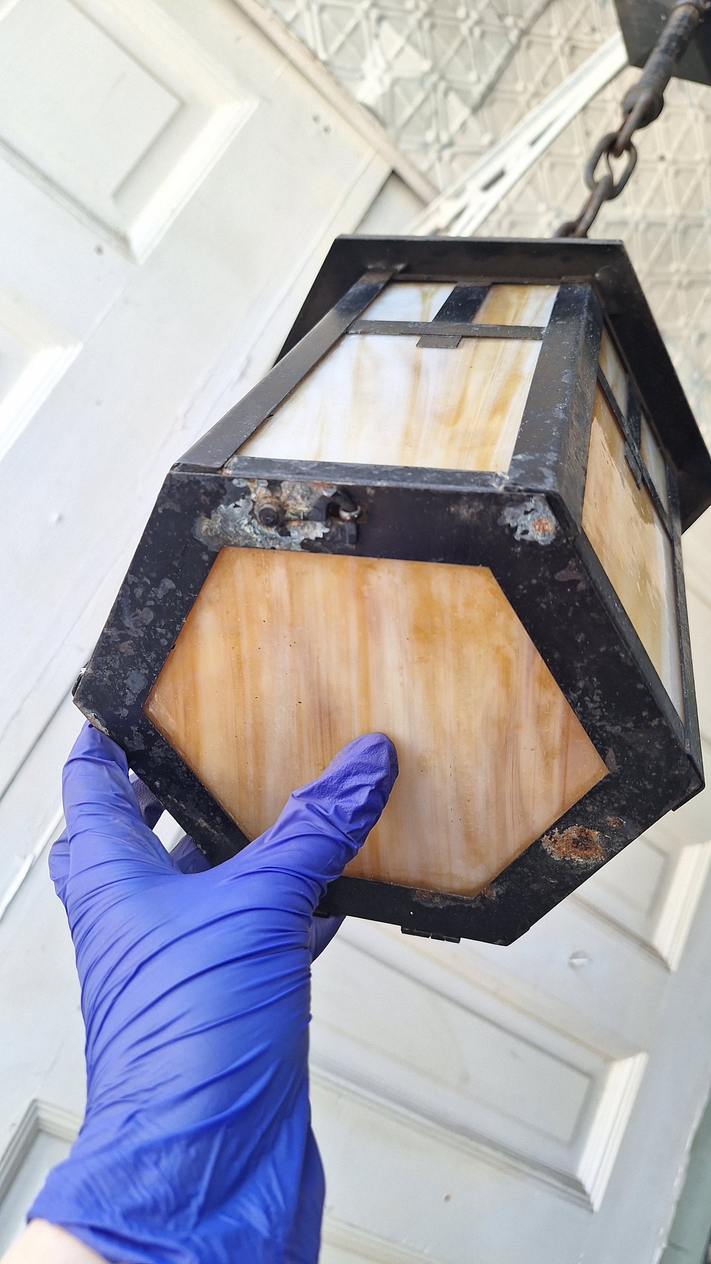 Antique Mission or Craftsman Slag Glass Lantern, Vintage Porch Light Pendant