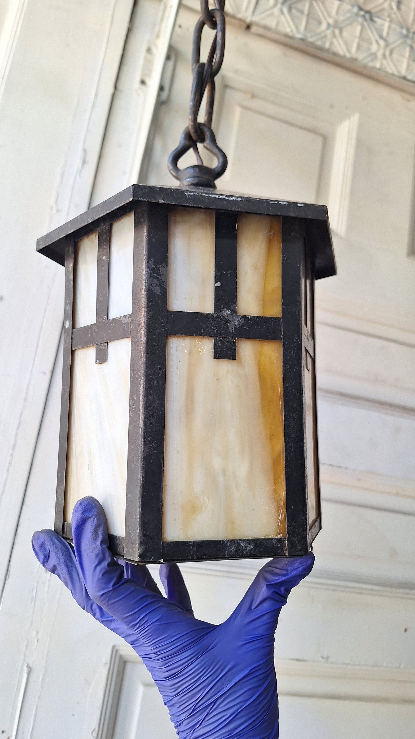 Antique Mission or Craftsman Slag Glass Lantern, Vintage Porch Light Pendant