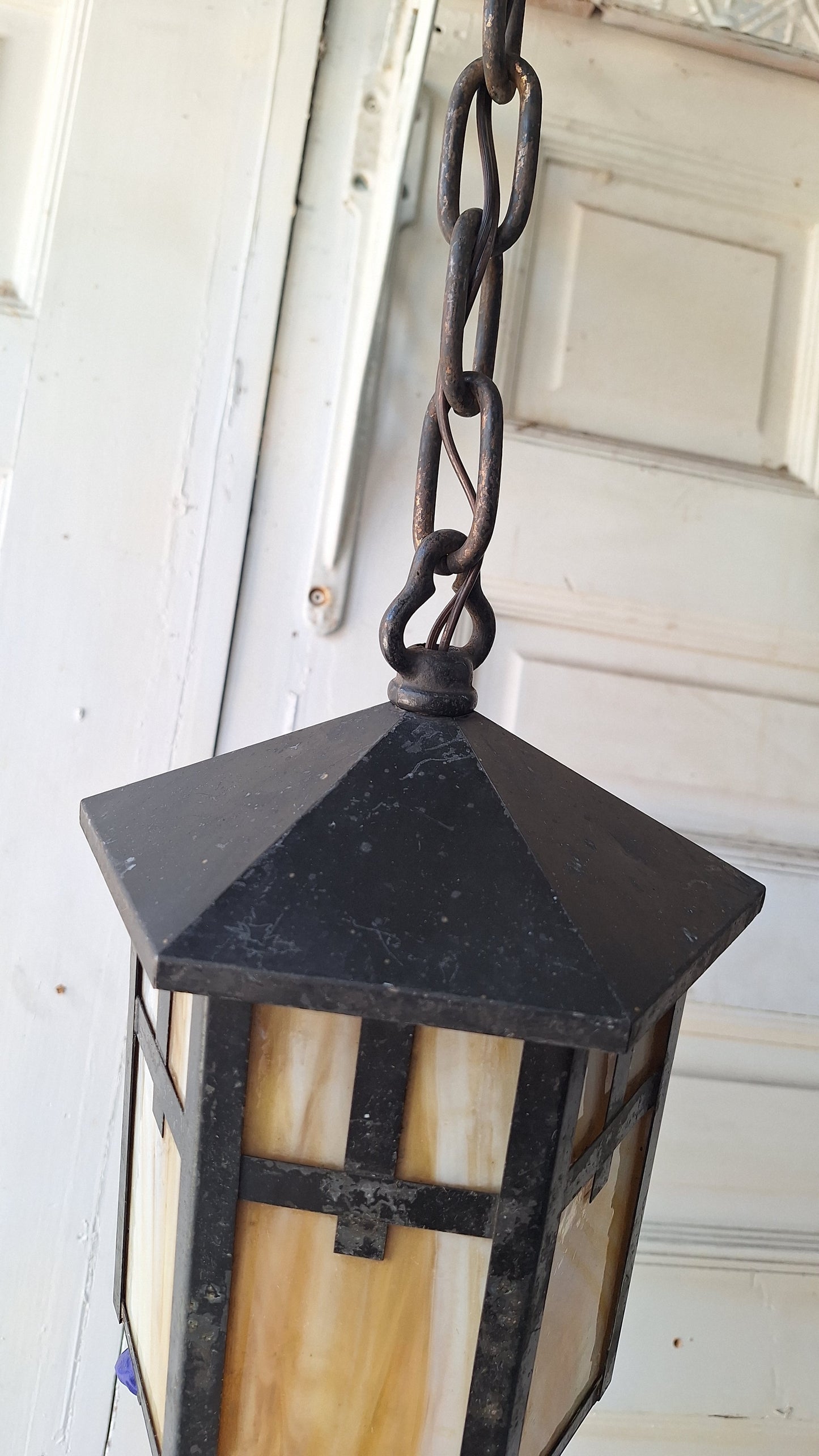 Antique Mission or Craftsman Slag Glass Lantern, Vintage Porch Light Pendant