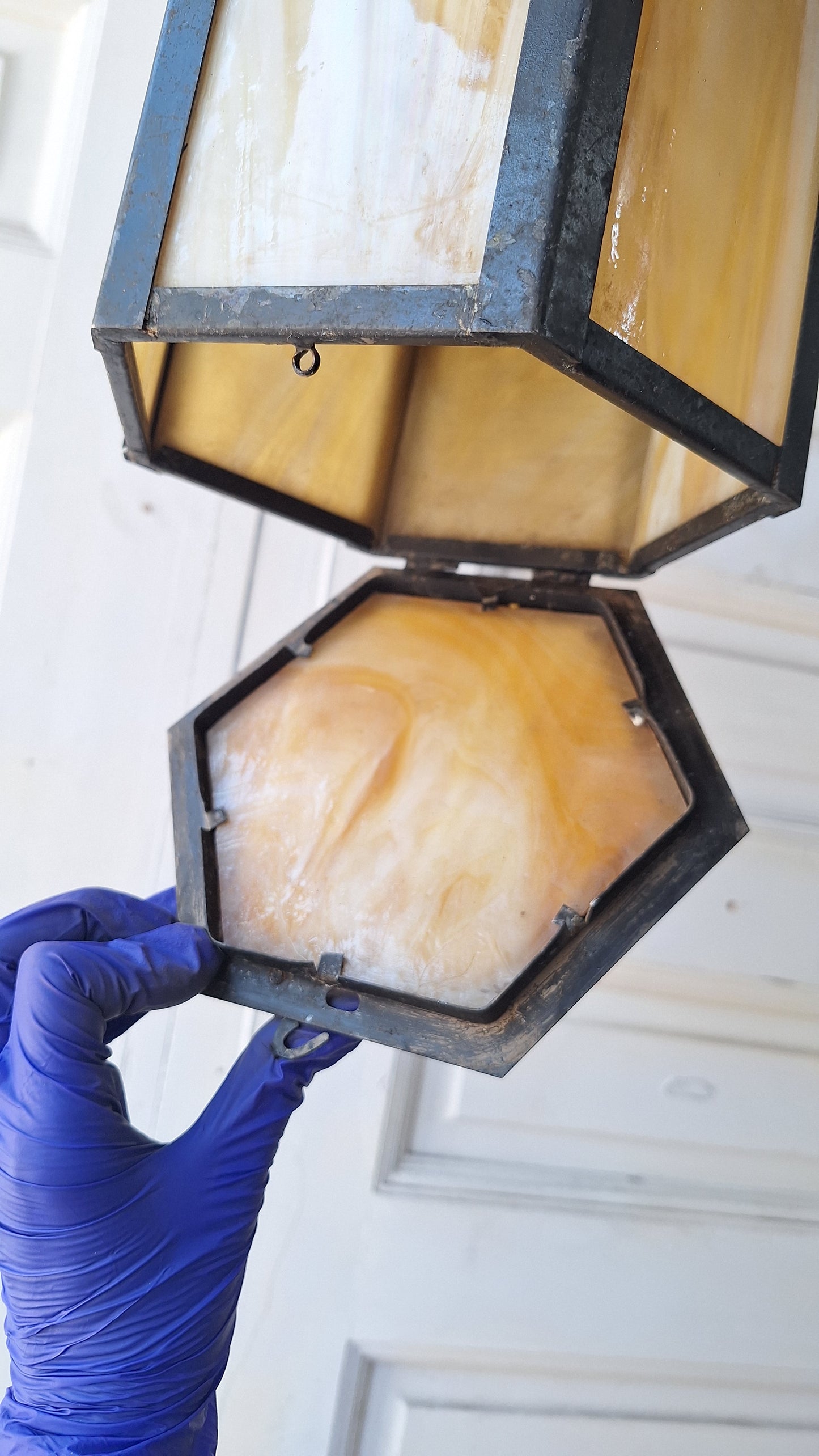 Antique Mission or Craftsman Slag Glass Lantern, Vintage Porch Light Pendant