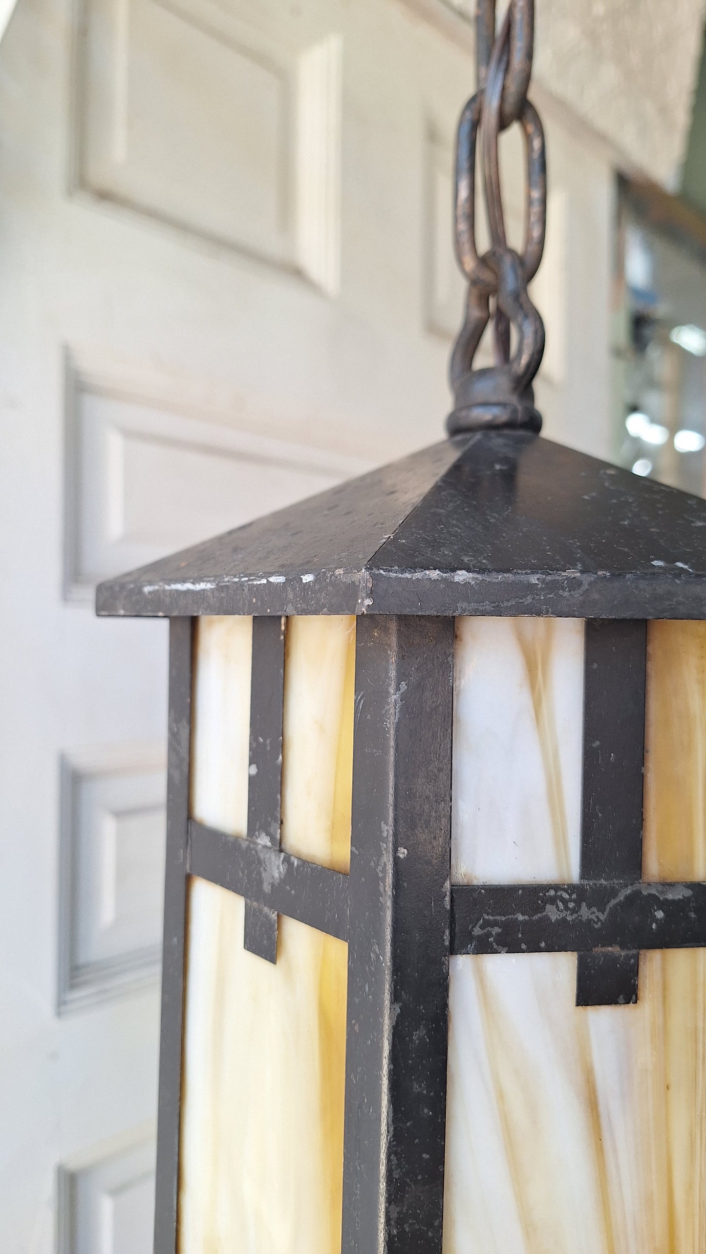 Antique Mission or Craftsman Slag Glass Lantern, Vintage Porch Light Pendant
