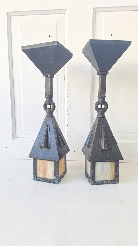Pair of Small Antique Craftsman Slag Glass Lanterns, Vintage Porch Light Pendants