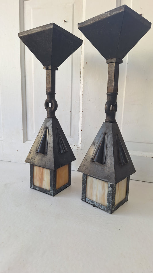 Pair of Small Antique Craftsman Slag Glass Lanterns, Vintage Porch Light Pendants
