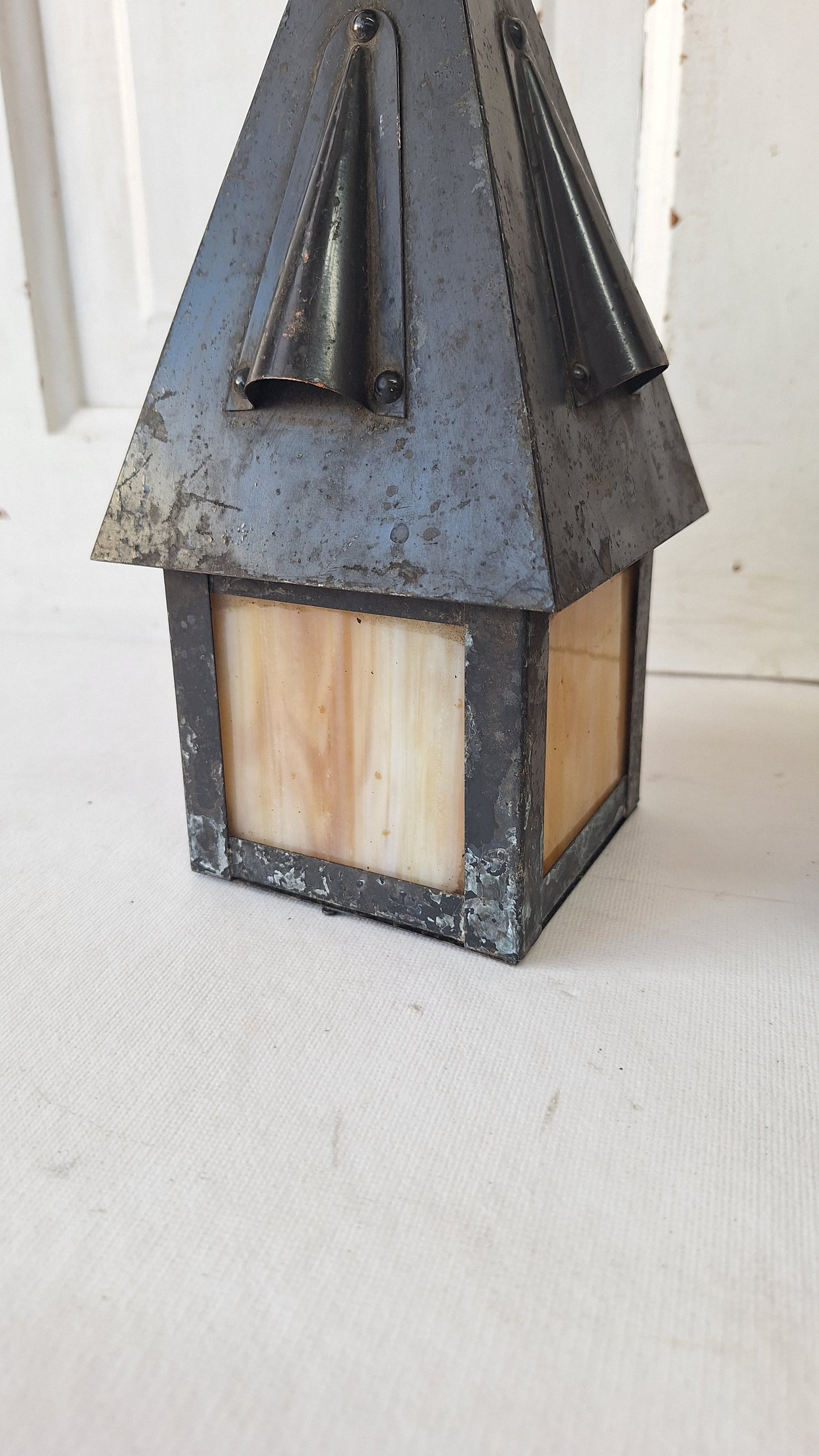 Pair of Small Antique Craftsman Slag Glass Lanterns, Vintage Porch Light Pendants