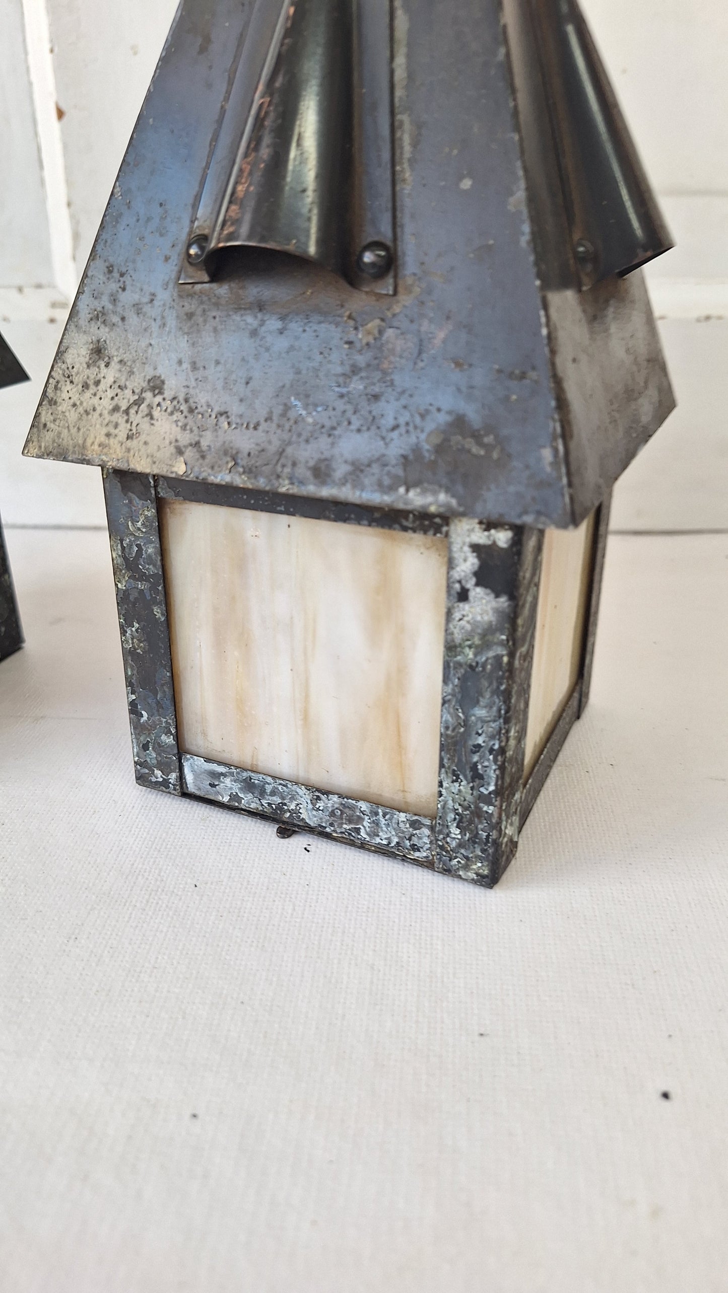 Pair of Small Antique Craftsman Slag Glass Lanterns, Vintage Porch Light Pendants