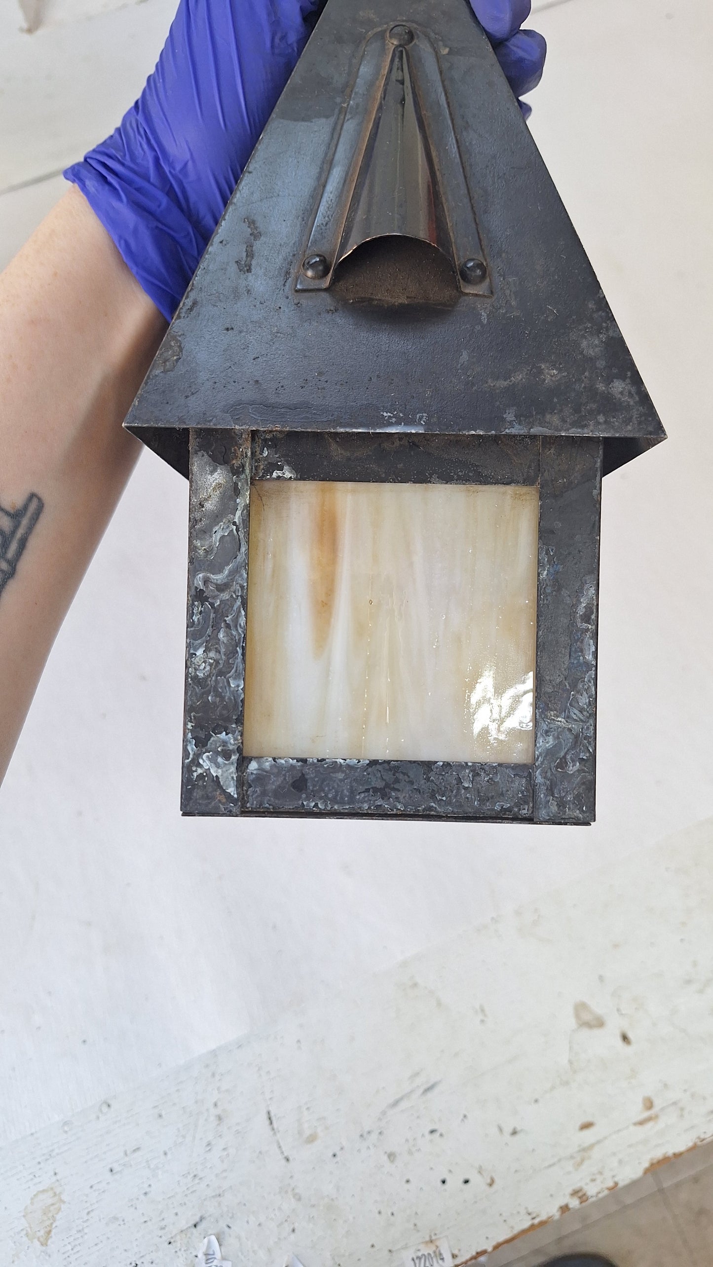 Pair of Small Antique Craftsman Slag Glass Lanterns, Vintage Porch Light Pendants