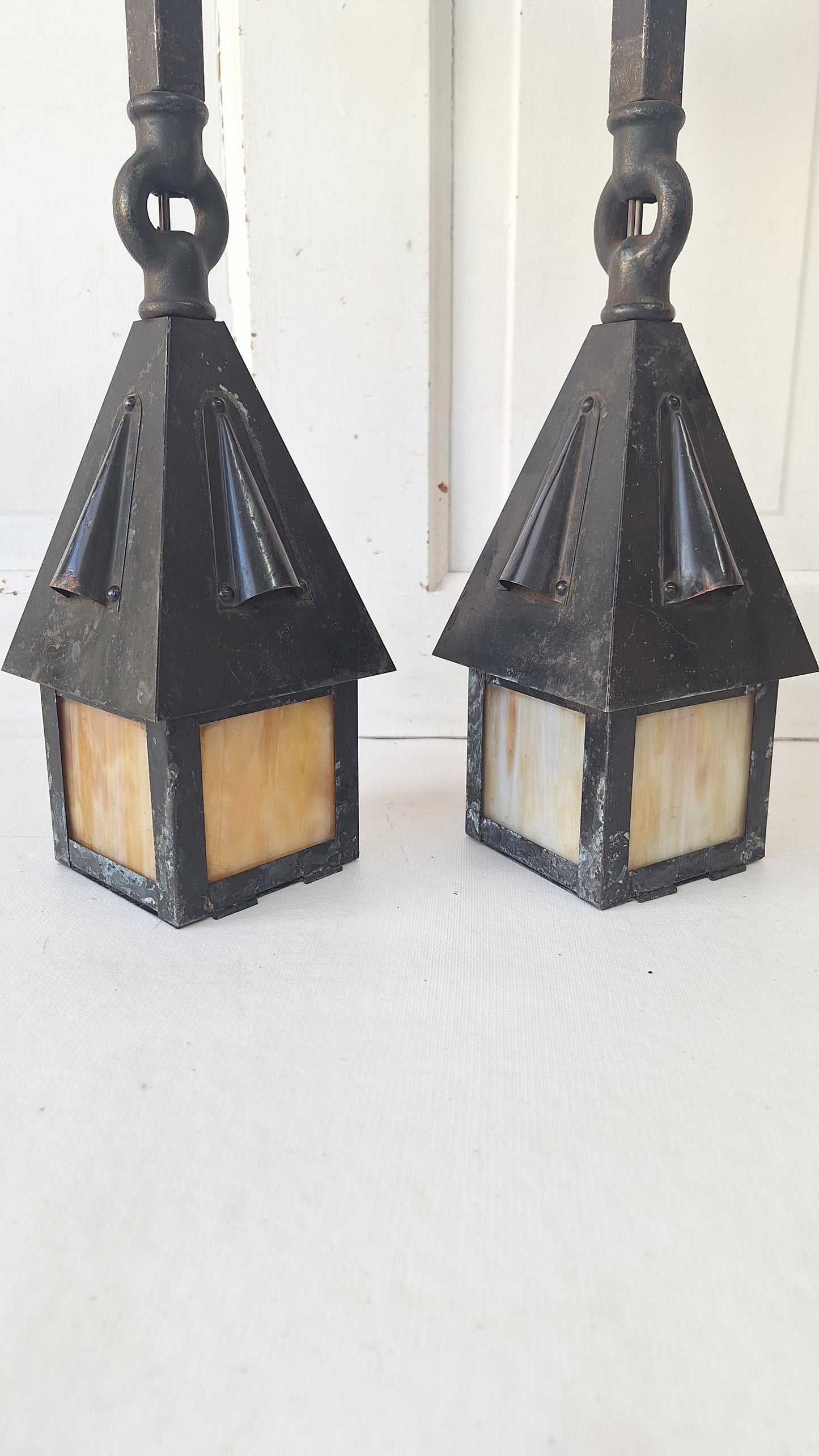 Pair of Small Antique Craftsman Slag Glass Lanterns, Vintage Porch Light Pendants