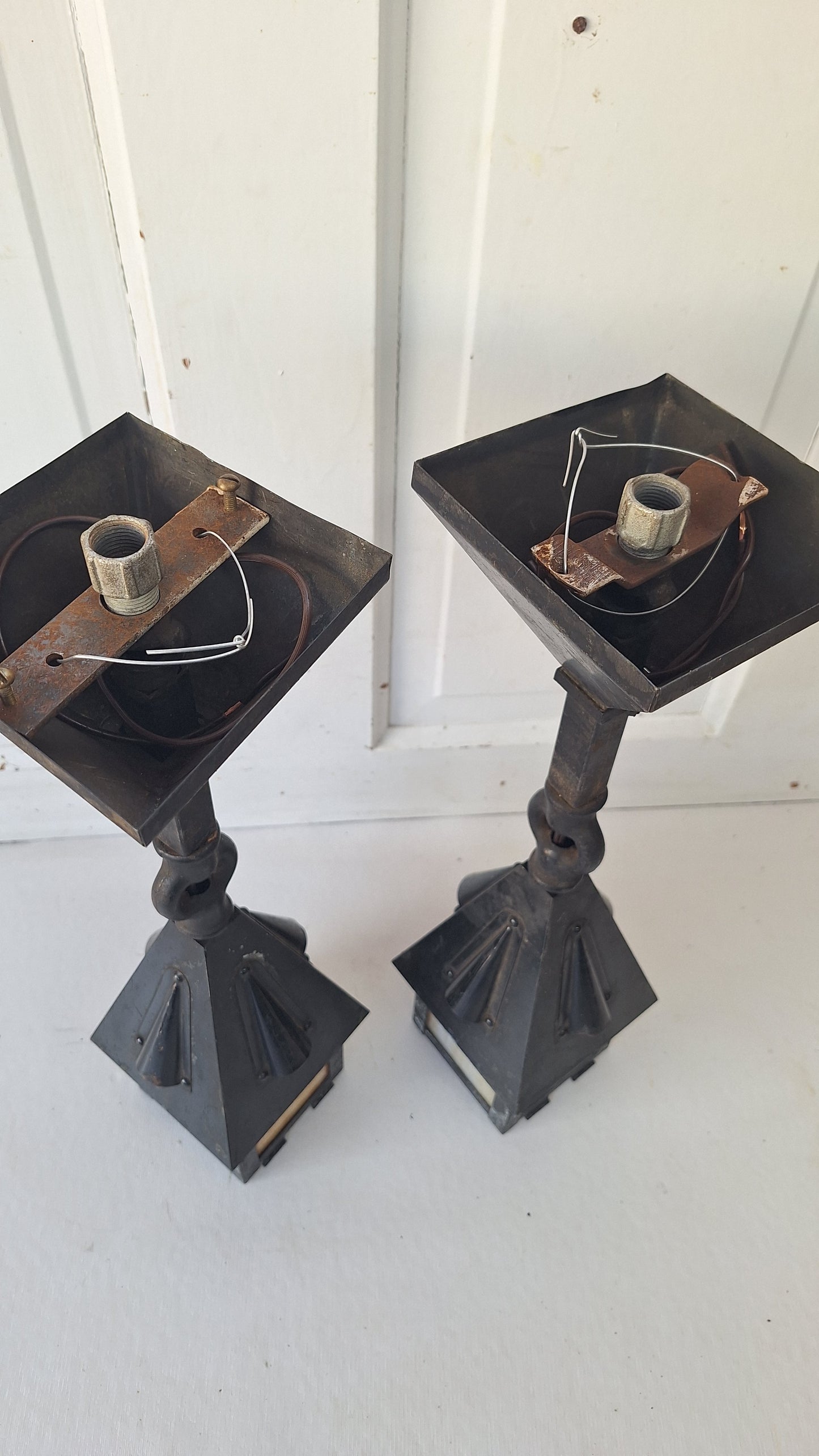 Pair of Small Antique Craftsman Slag Glass Lanterns, Vintage Porch Light Pendants