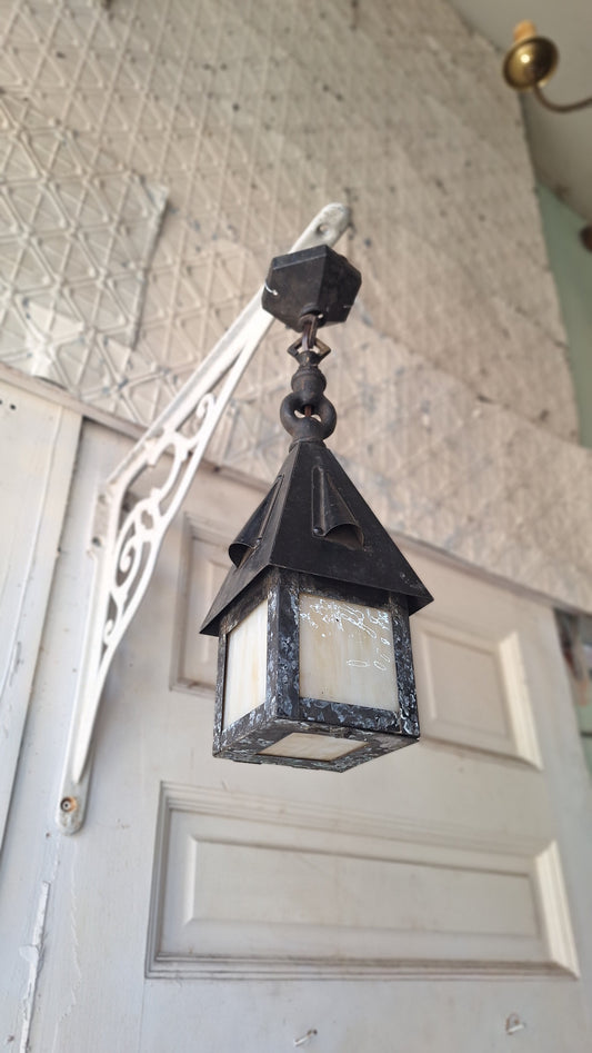 Small Antique Craftsman Slag Glass Lantern, Vintage Porch Light Pendant