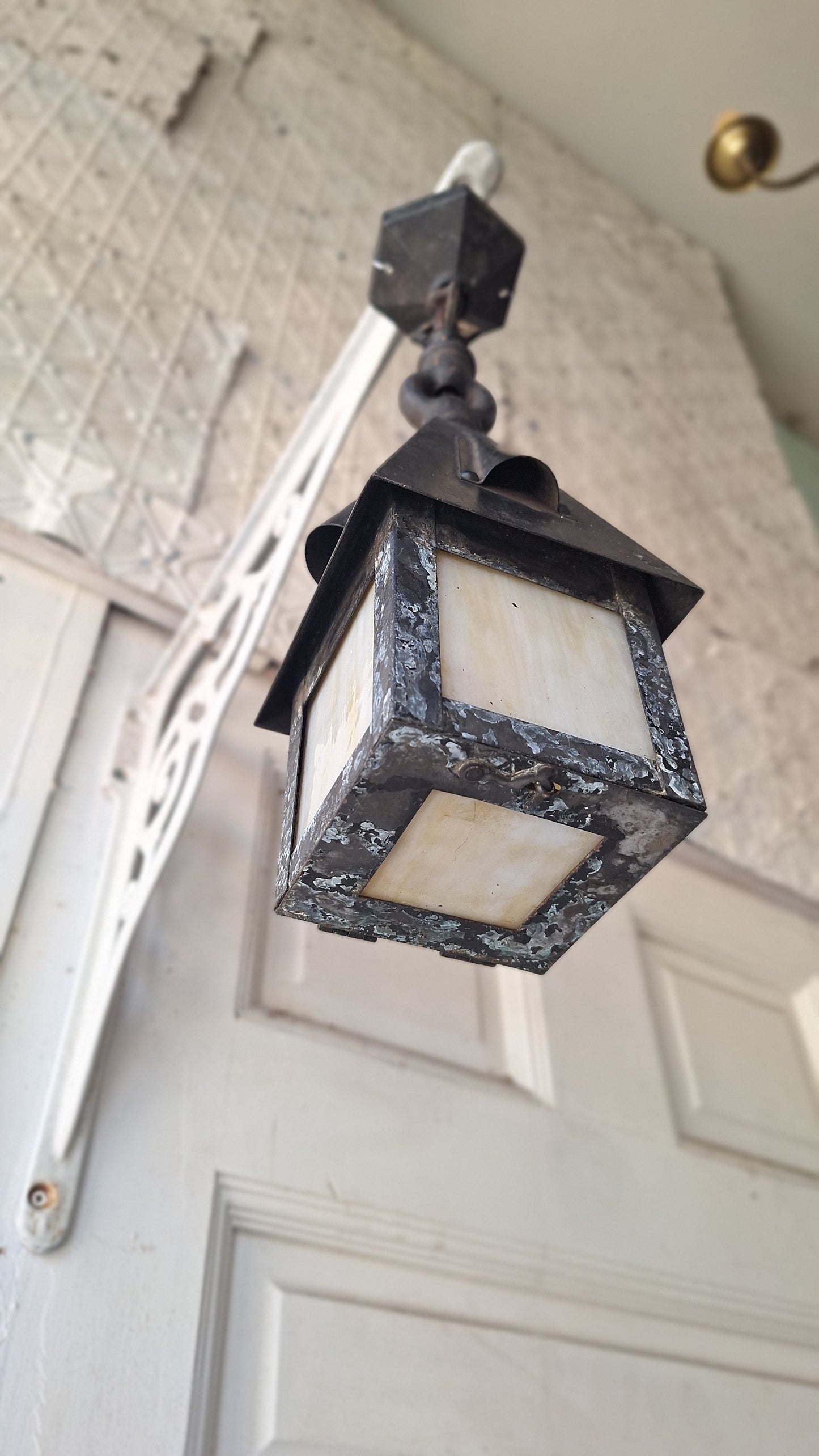 Small Antique Craftsman Slag Glass Lantern, Vintage Porch Light Pendant