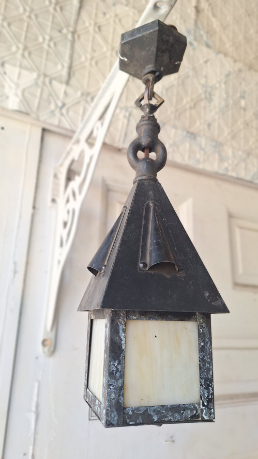 Small Antique Craftsman Slag Glass Lantern, Vintage Porch Light Pendant