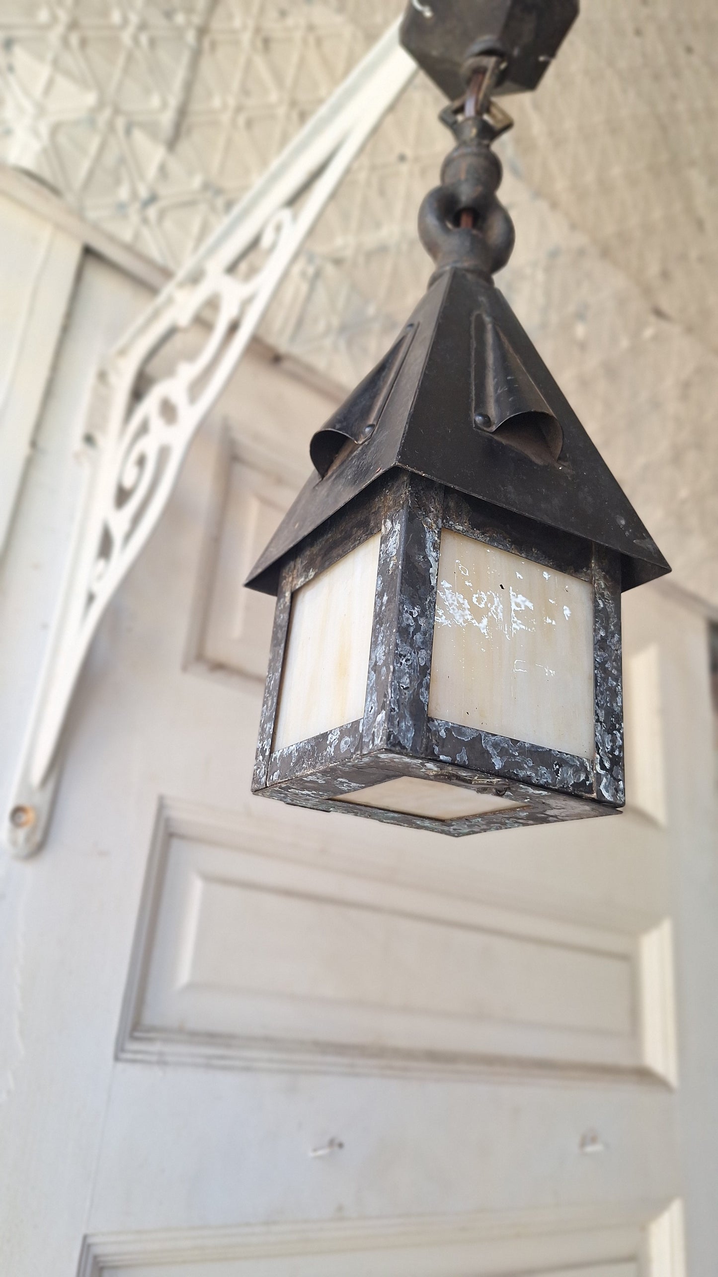 Small Antique Craftsman Slag Glass Lantern, Vintage Porch Light Pendant