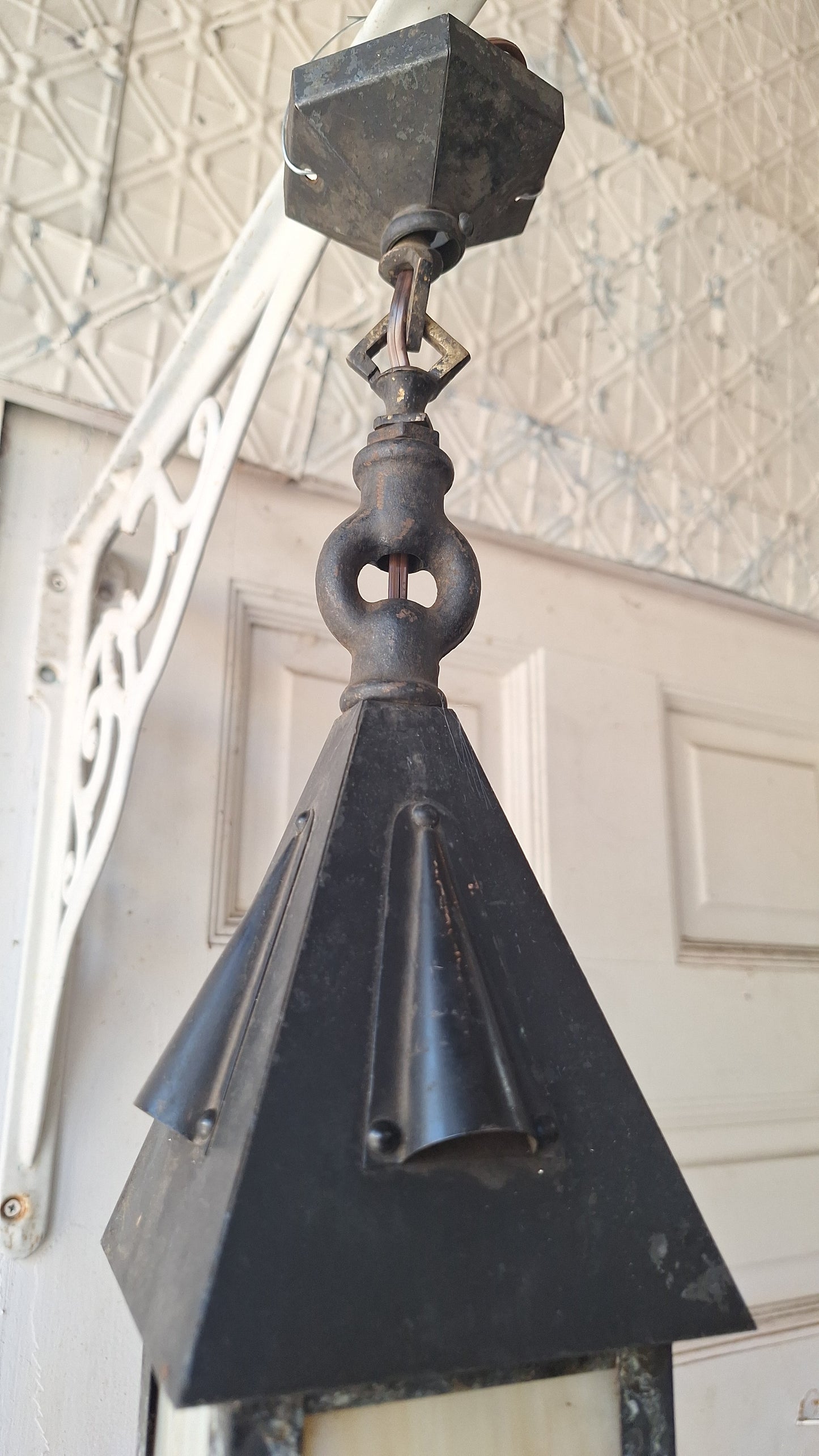 Small Antique Craftsman Slag Glass Lantern, Vintage Porch Light Pendant