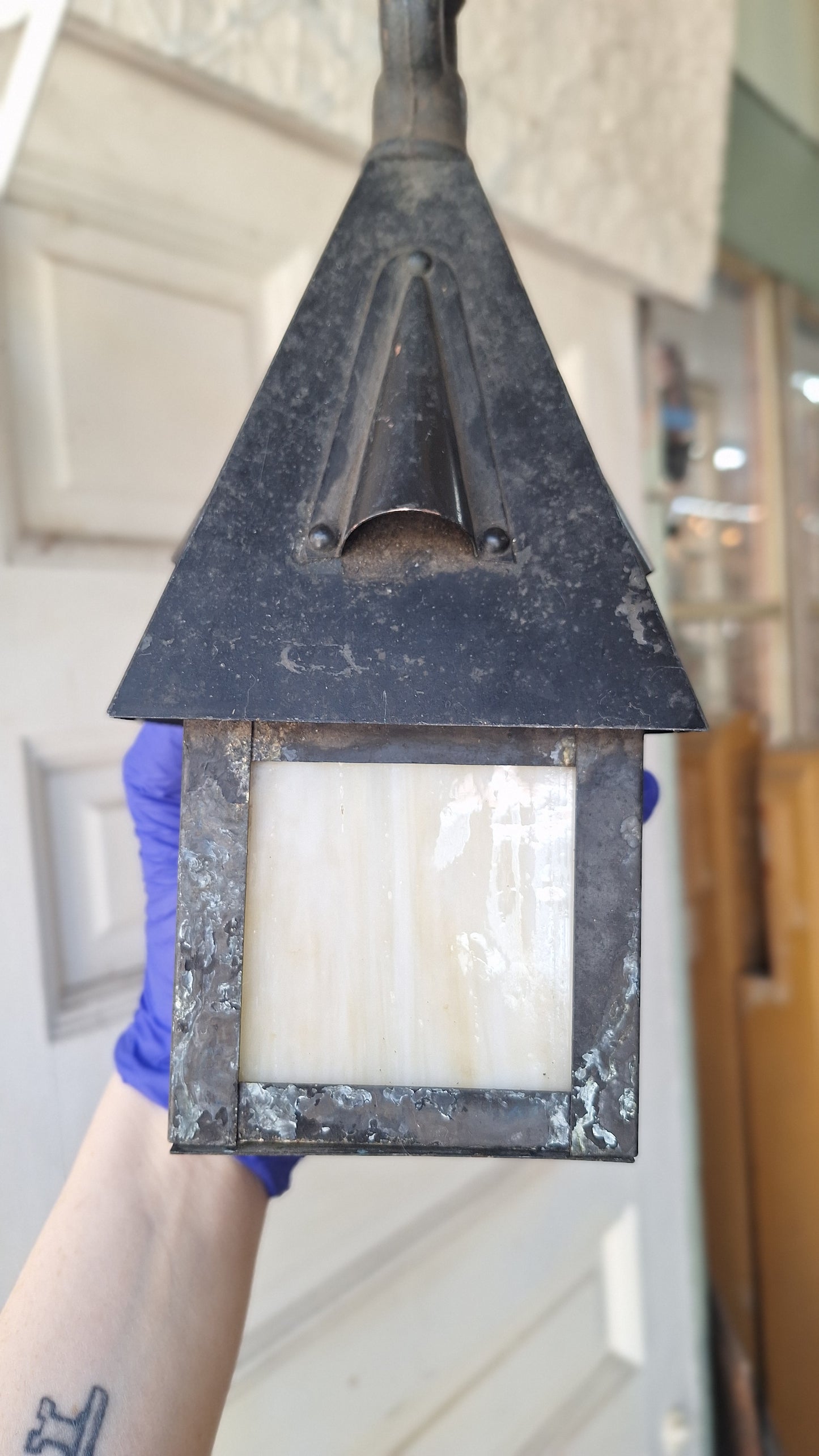 Small Antique Craftsman Slag Glass Lantern, Vintage Porch Light Pendant