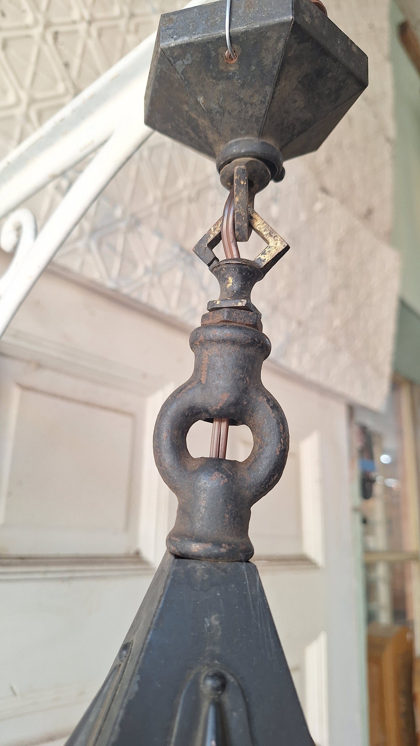 Small Antique Craftsman Slag Glass Lantern, Vintage Porch Light Pendant