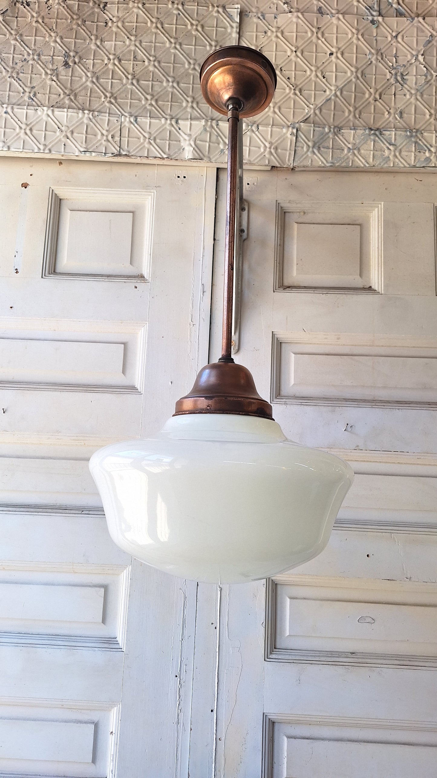 Vintage Pendant Light, White Glass Globe, Copper Color Schoolhouse Style
