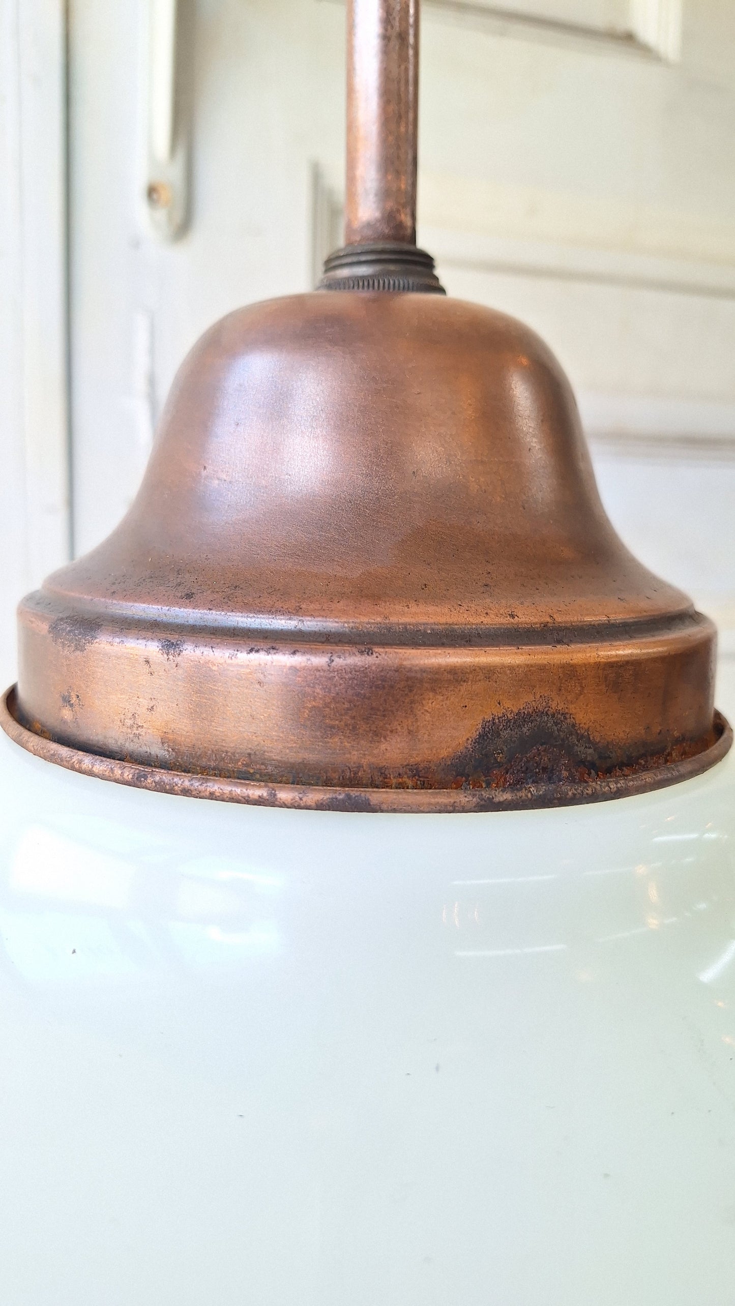 Vintage Pendant Light, White Glass Globe, Copper Color Schoolhouse Style