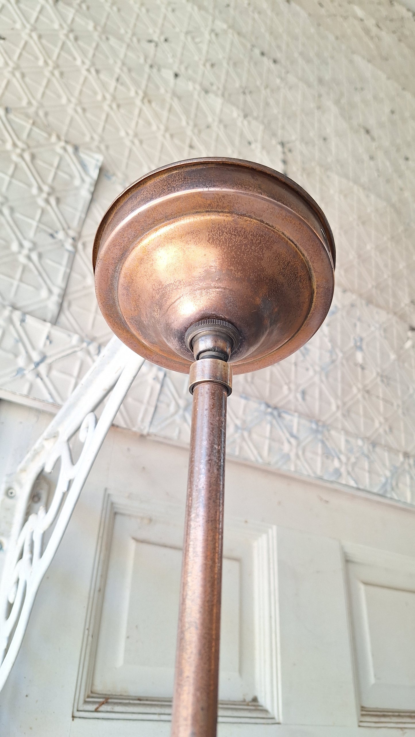 Vintage Pendant Light, White Glass Globe, Copper Color Schoolhouse Style