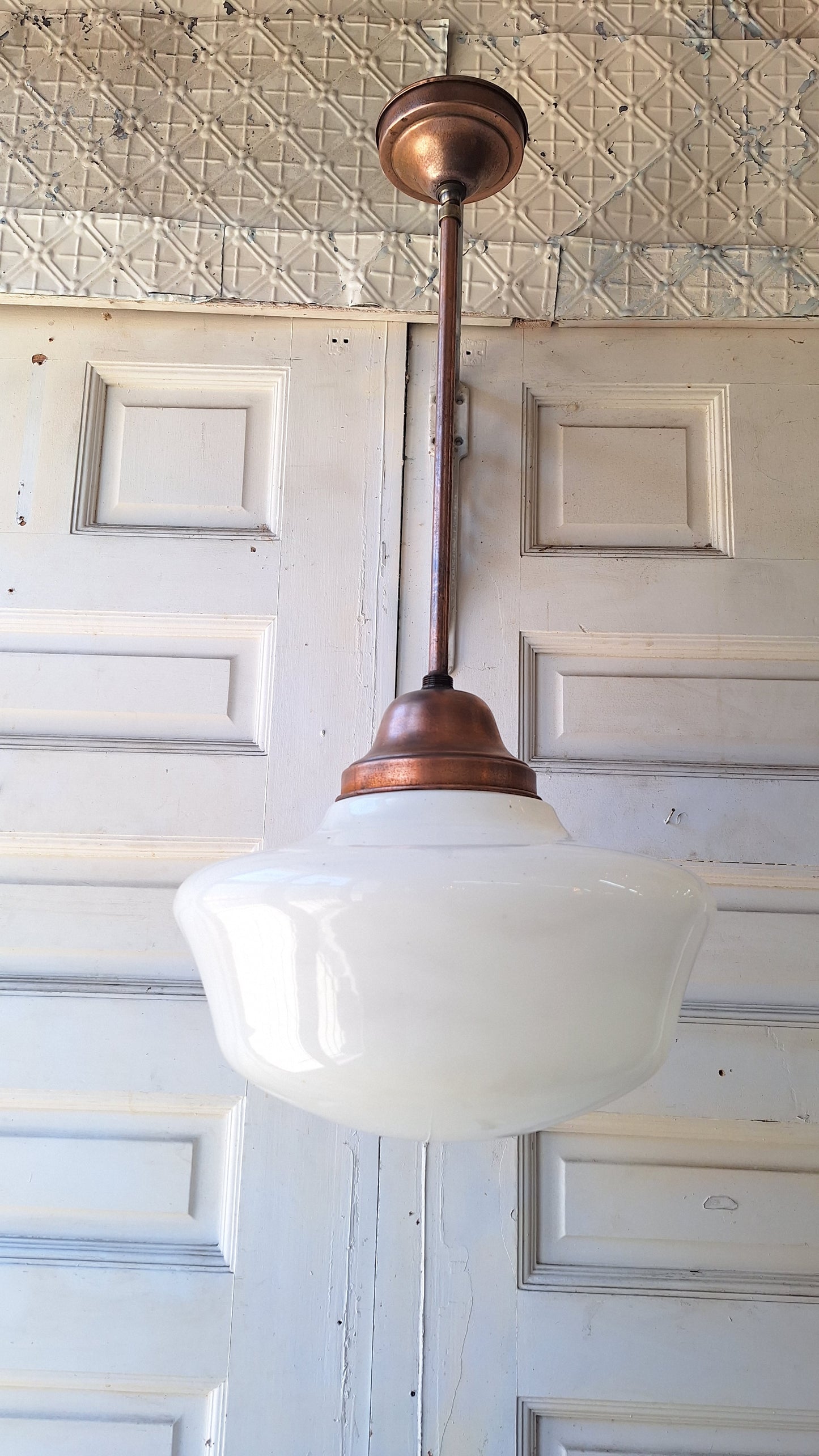 Vintage Pendant Light, White Glass Globe, Copper Color Schoolhouse Style